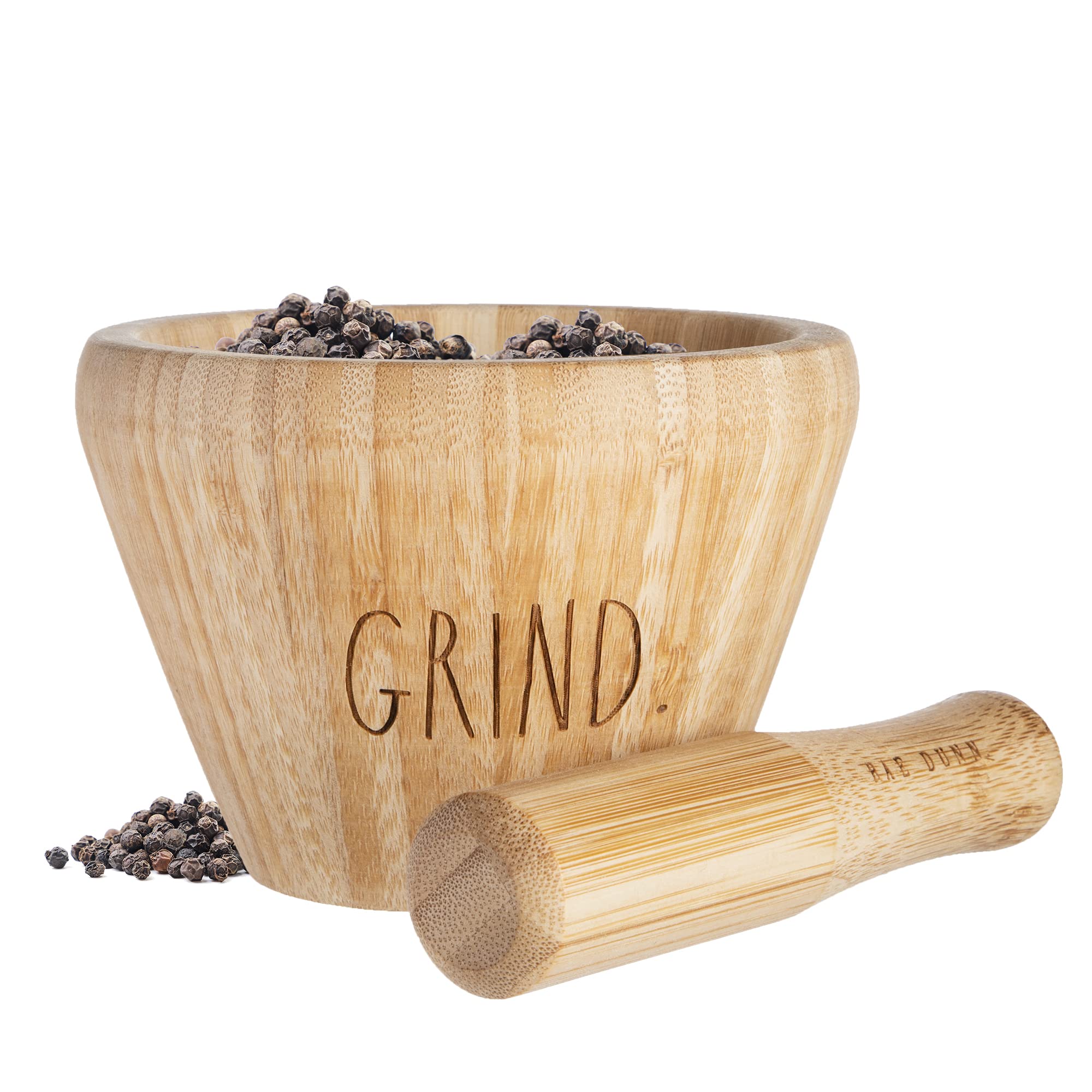 Rae Dunn Bamboo Mortar and Pestle - Bamboo Spice Grinder, Crush, Press, Mash Spices, Herbs, Garlic, Pepper, Guacamole, Pesto, Nuts, Fruit, 3.3 inch Wooden Mortar and Pestle Set for Kitchen  - Like New