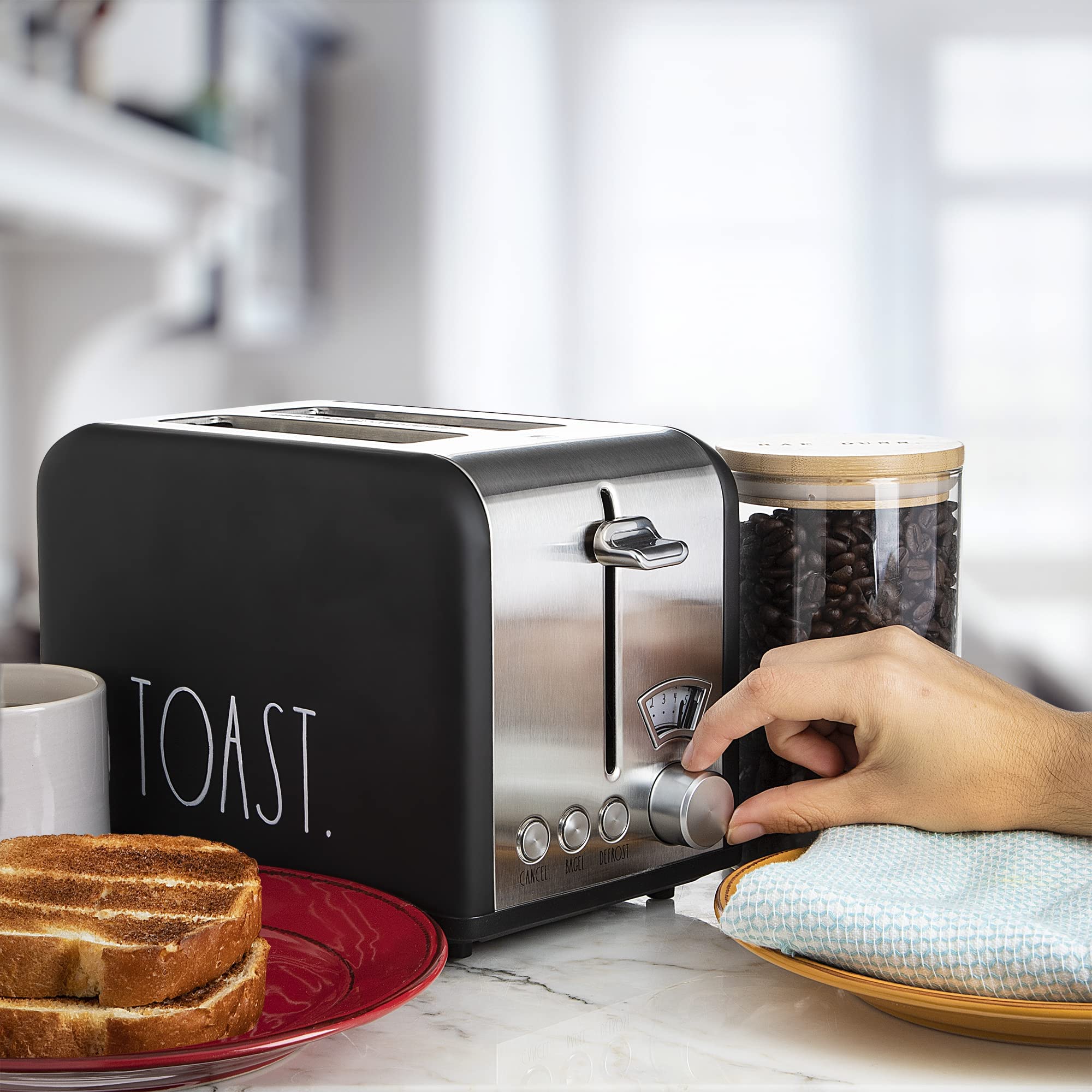 Rae Dunn Toaster, Stainless Steel 2 Slice Square Toaster, Wide Slot with 5 Browning Levels, with Bagel, Defrost and Cancel Options  - Like New