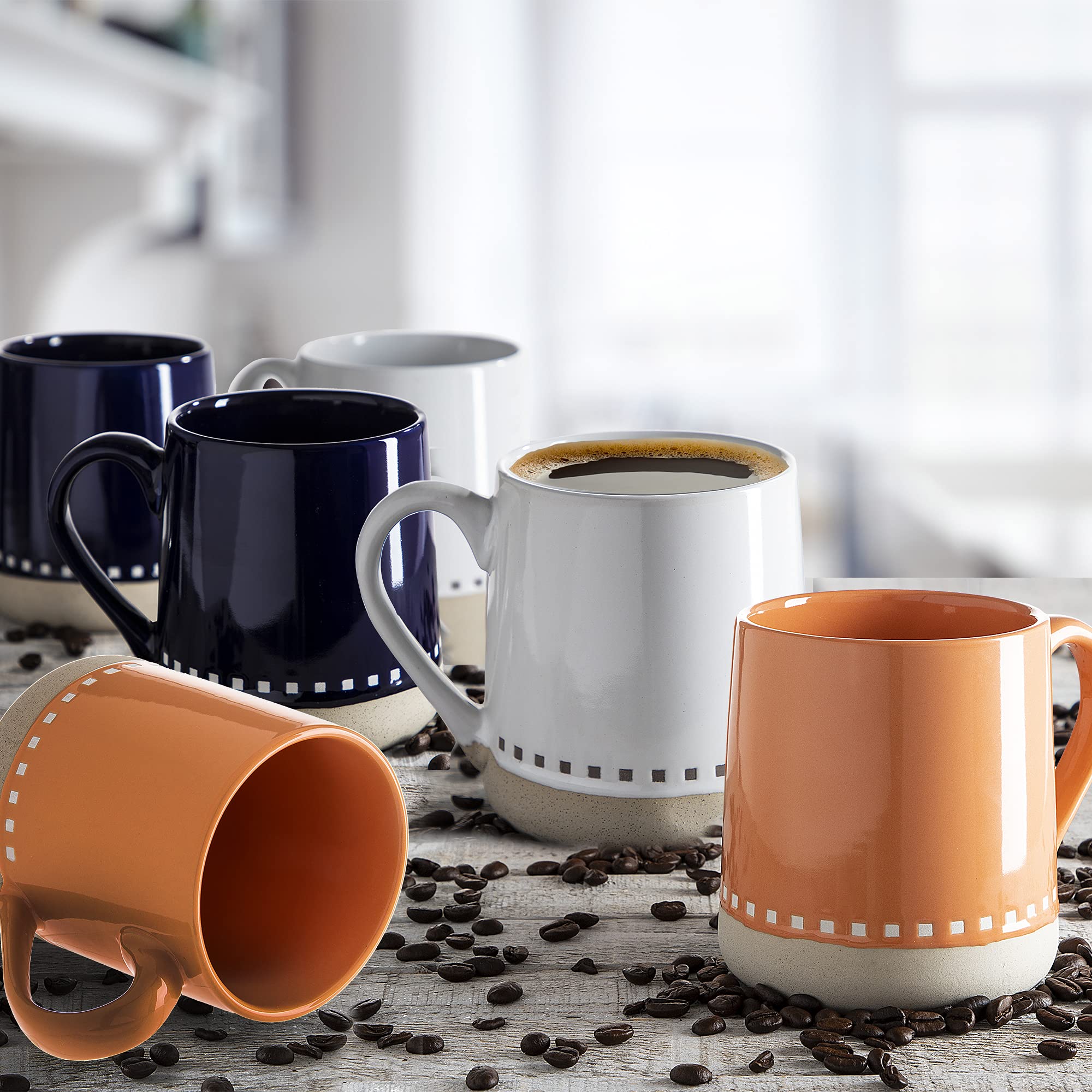 Heartland Hive Set of 6 Stoneware Coffee Mugs- Bright and Colorful, Stylish Coffee Cups, Mugs for Tea, Latte, and Hot Chocolate, 18 oz, (Navy, White, Orange)  - Like New