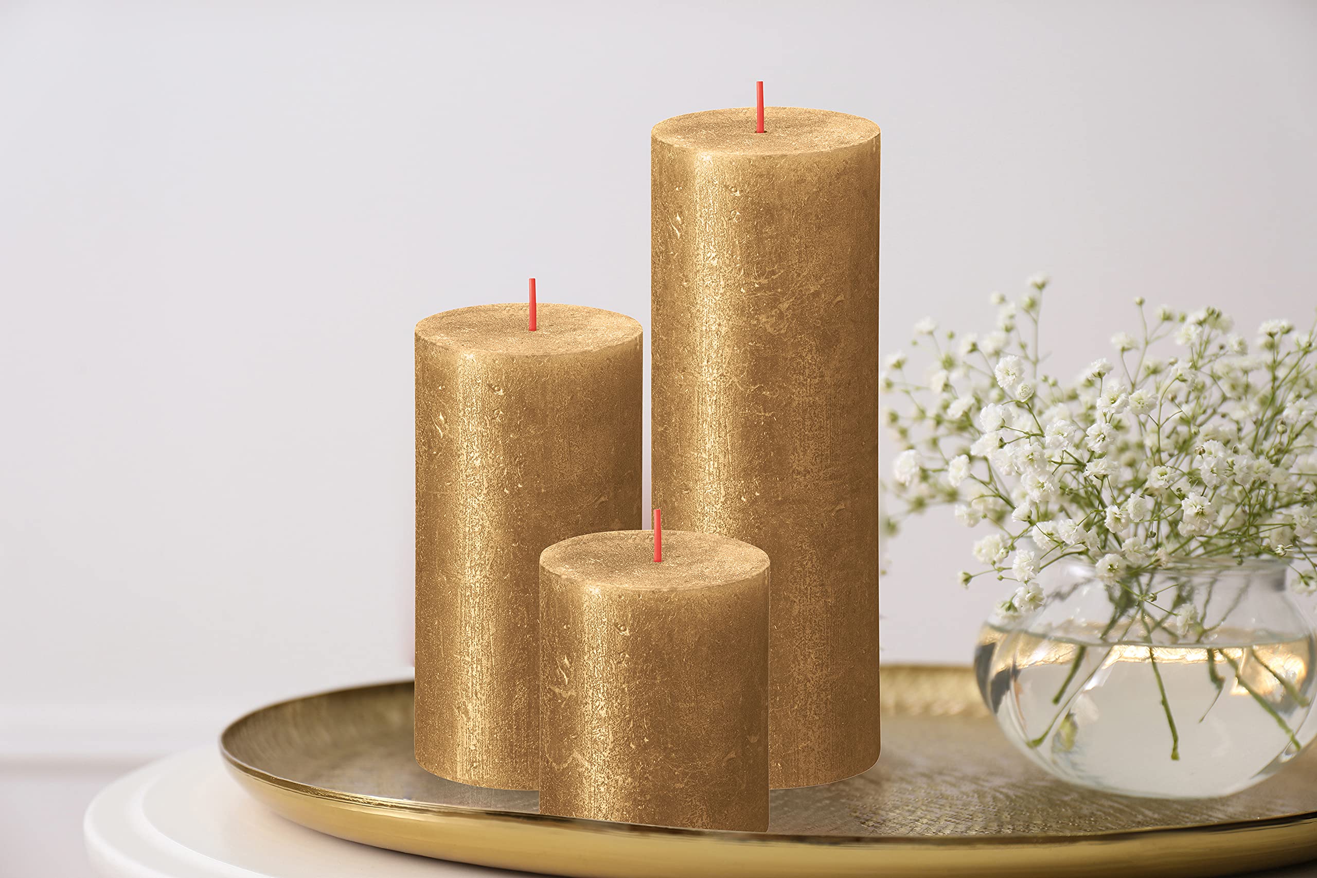 BOLSIUS Gold Shimmer Metallic Pillar Candles 4 Pack - 2.75 X 7.5 Inches - Premium European Quality - Includes Natural Plant-Based Wax - Unscented Dripless Smokeless 85 Hour Party & Wedding Candles  - Like New