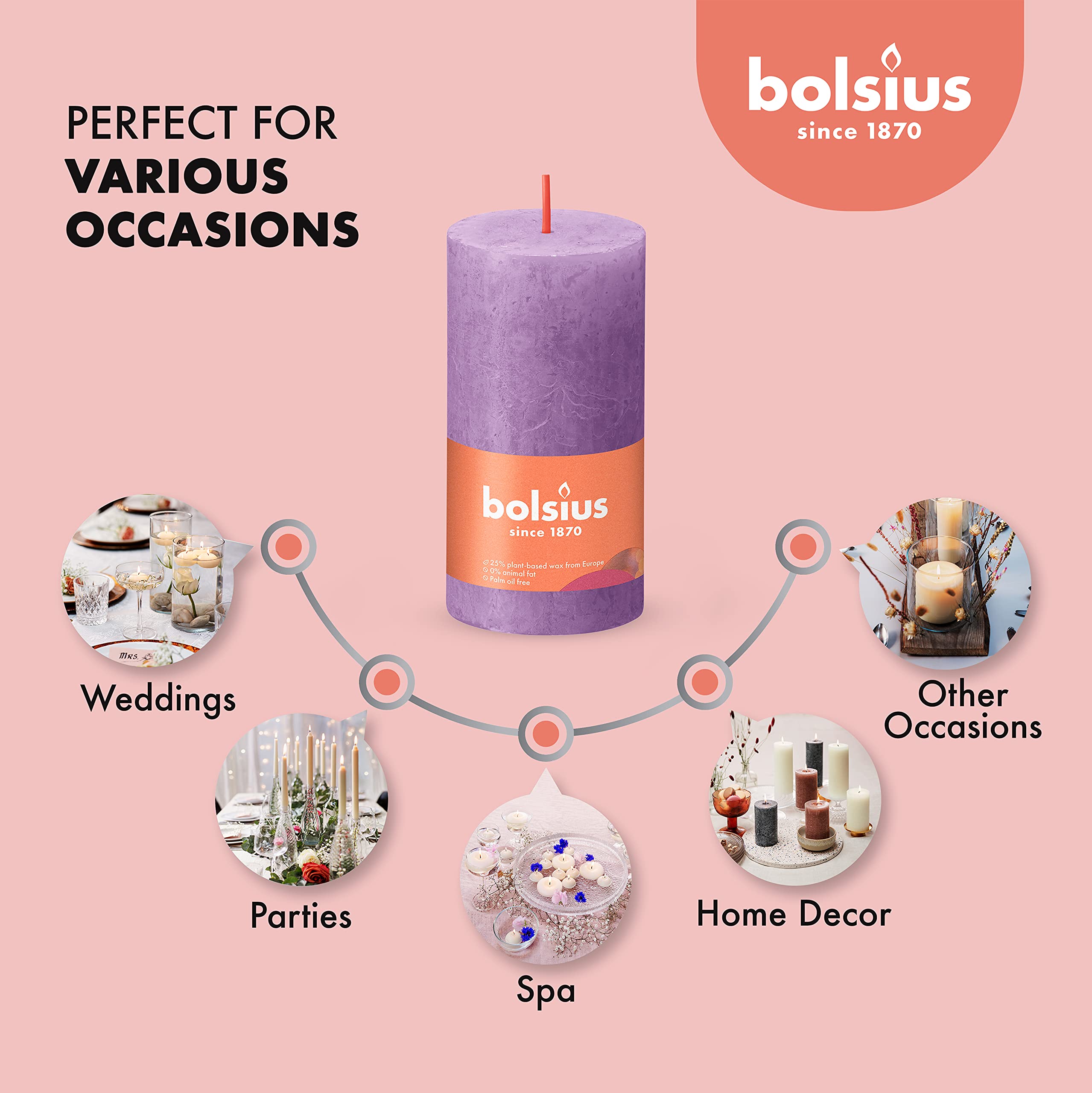 BOLSIUS 4 Pack Vibrant Violet (Purple) Rustic Pillar Candles - 2 X 4 Inches - Premium European Quality - Includes Natural Plant-Based Wax - Unscented Dripless Smokeless 30 Hour Party D�cor Candles  - Acceptable