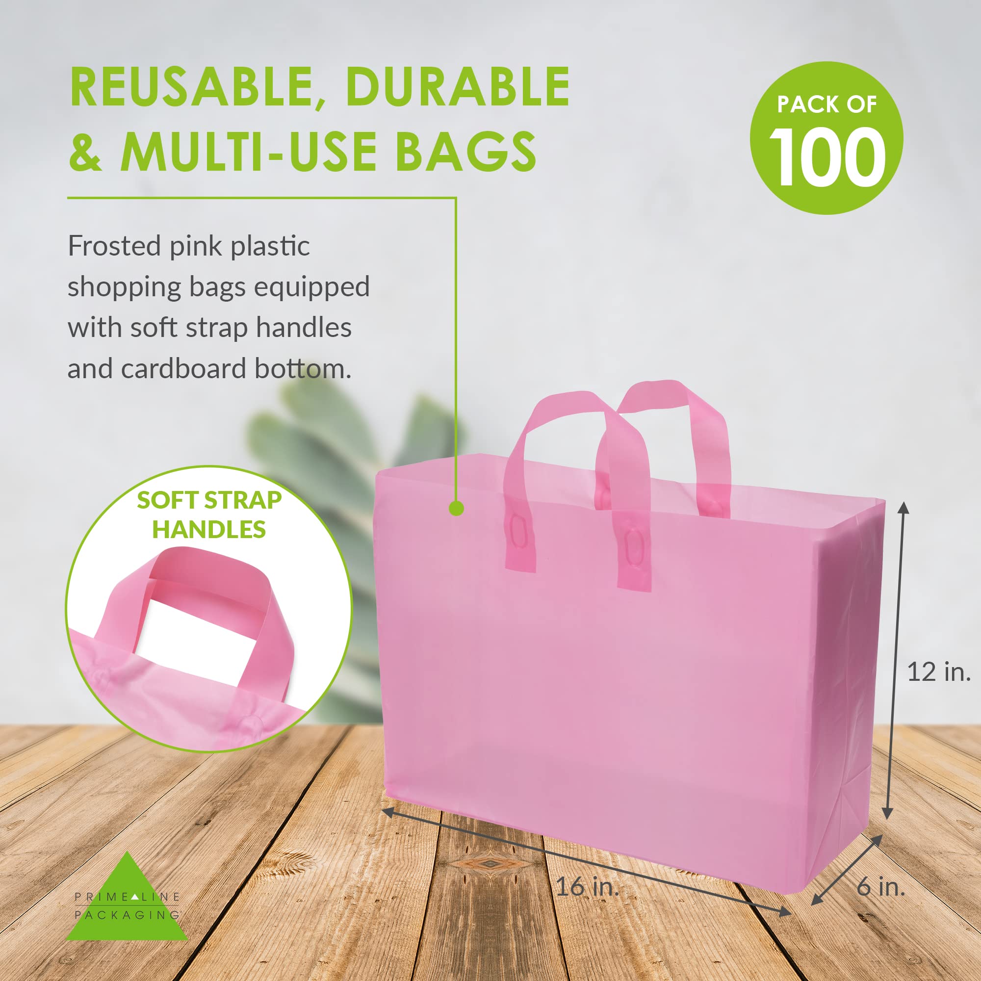 Pink Gift Bags - 100 Pack Large Clear Frosted Rose Plastic Plastic Bags with Handles & Cardboard Bottom, Shopping Bags for Small Business, Boutique, Retail, Merchandise, Take Out Bags, Bulk - 16x6x12
