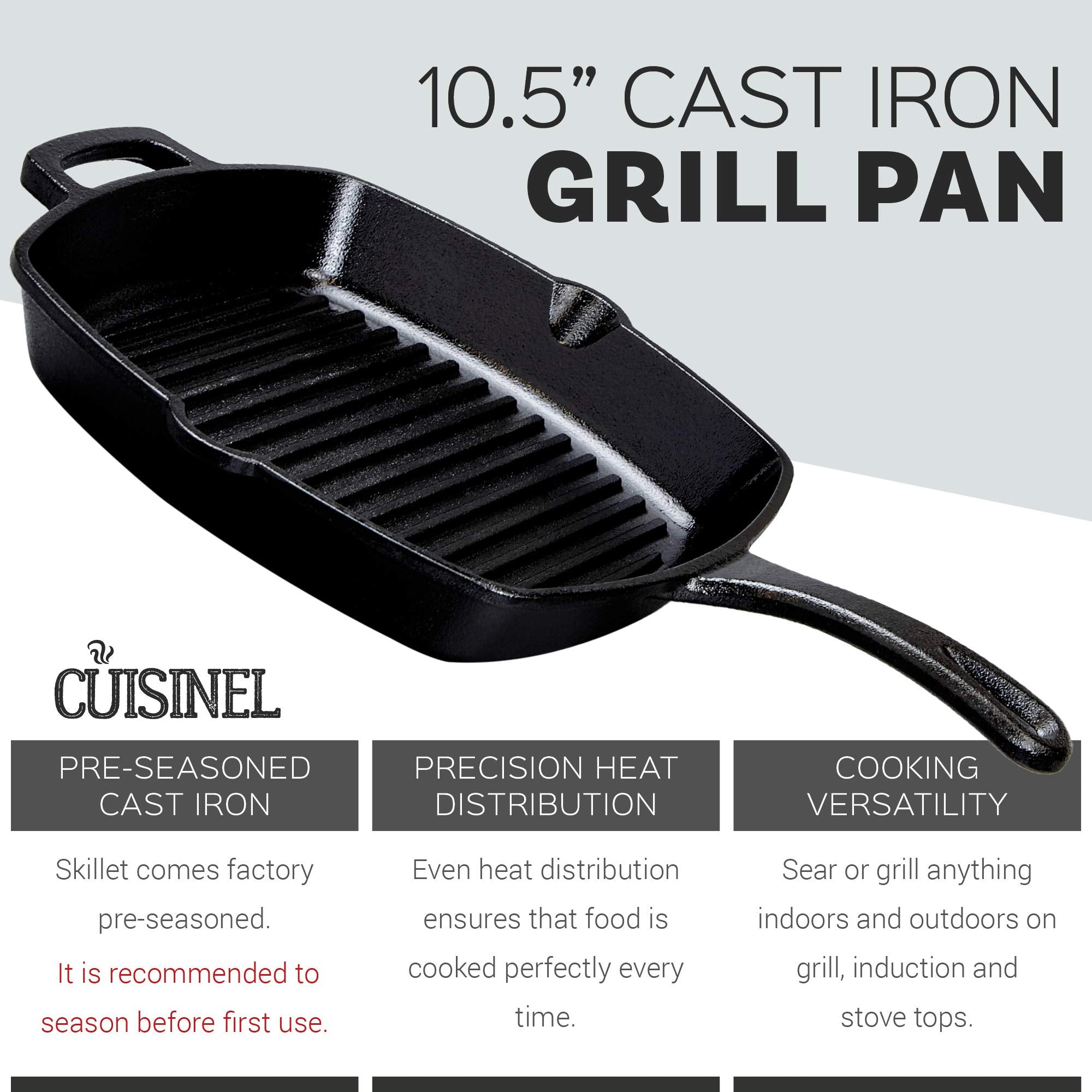 Cuisinel Cast Iron Square Grill Pan + Glass Lid - 10.5" Pre-Seasoned Ridged Skillet + Handle Cover + Pan Scraper - Grill, Stovetop, Fire Safe - Indoor and Outdoor Use - for Grilling, Frying, Sauteing  - Good