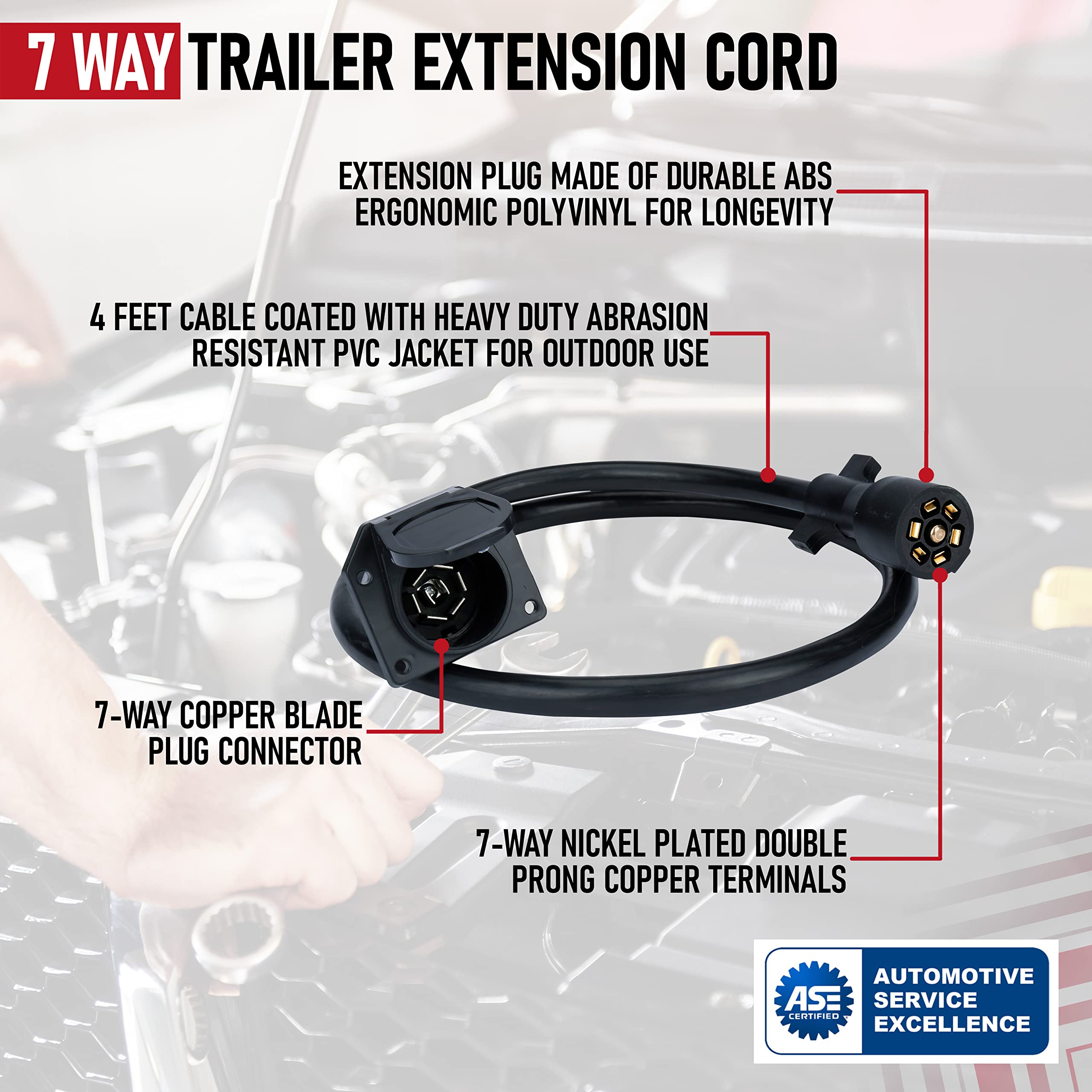 7 Way Trailer Extension Cord - 4 feet - Double Prongs Connector - Weatherproof - 7 Pin Wiring Connector Plug - Gooseneck Hitch Extender or 5th Wheel Trailer, RV, Caravan, Truck, Van - 10-14 AWG  - Like New