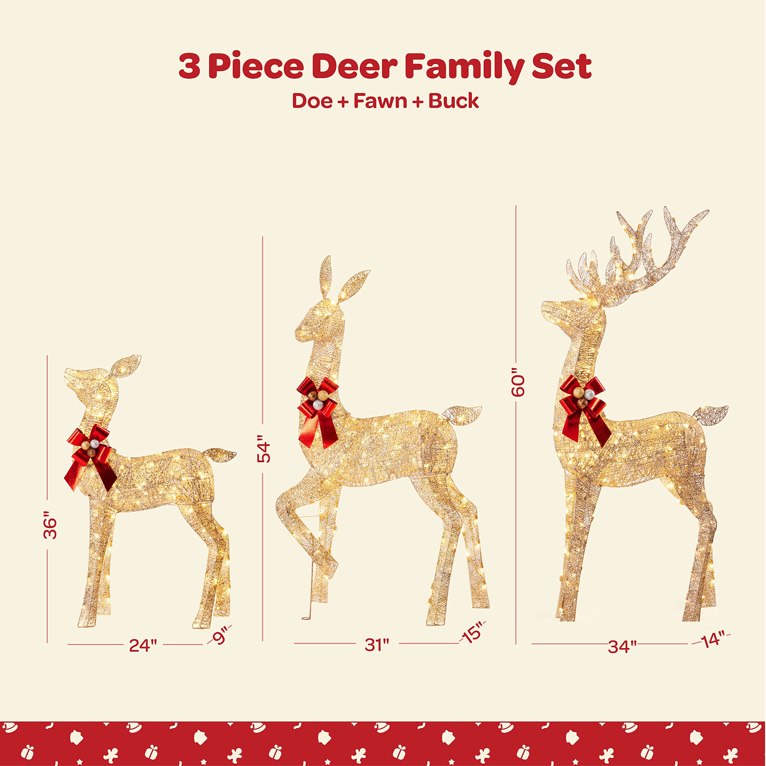 Impressive Reindeer Christmas Decoration Family [Set of 3] Lighted with 365 LED Lights Large all-Weather Christmas Outdoor Decoration Display (Buck Doe and Fawn) With Red Bows/Tie-Down Stakes - Gold. christmas decorations outdoor reindeer  - Like New