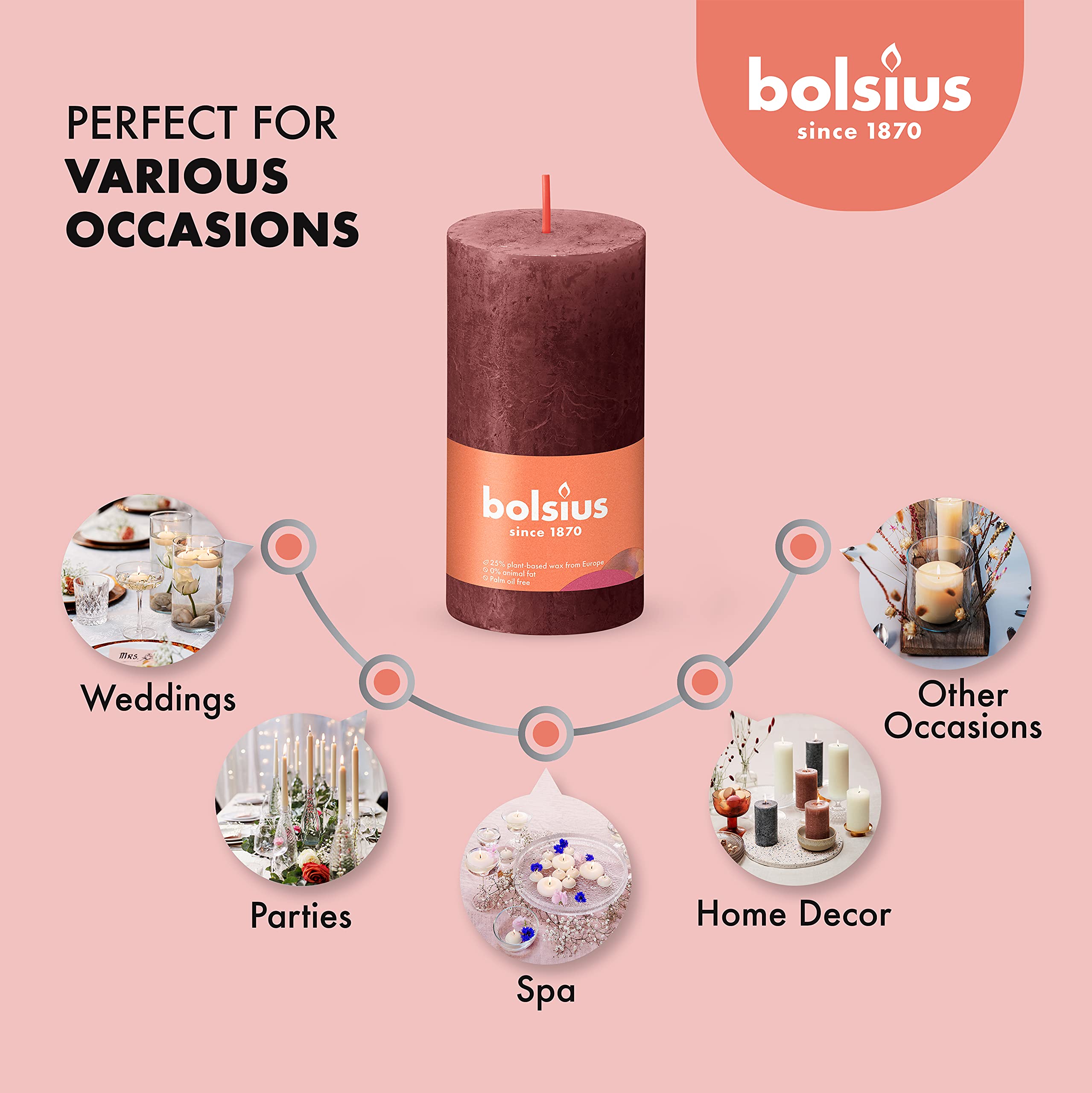 BOLSIUS 4 Pack Velvet Red Rustic Pillar Candles - 2 X 4 Inches - Premium European Quality - Includes Natural Plant-Based Wax - Unscented Dripless Smokeless 30 Hour Party D�cor and Wedding Candles  - Acceptable