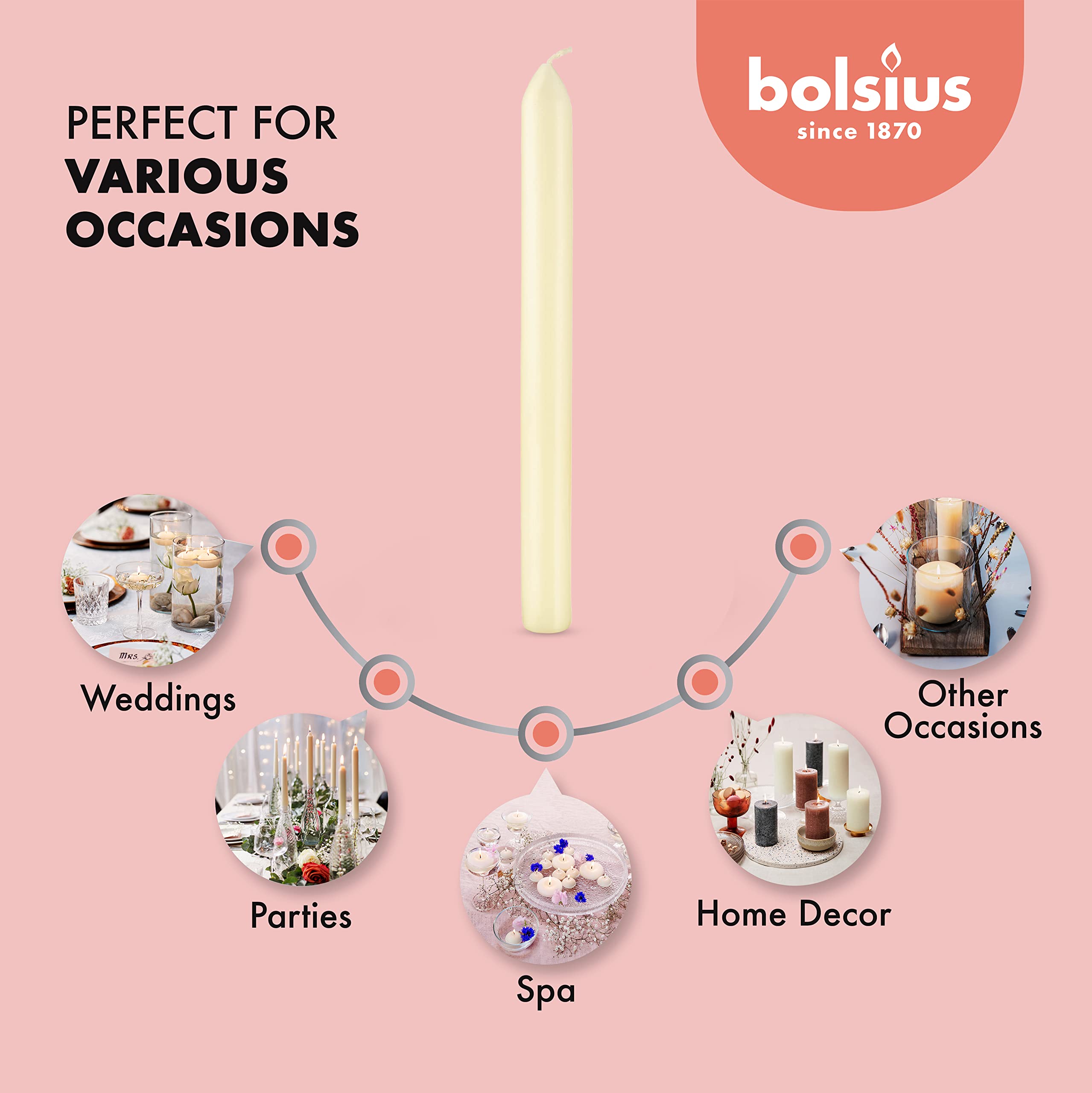 BOLSIUS 10 Count Household Ivory Dinner Candles - 9 Inches - Premium European Quality - Approx. 8 Hours Burn Time - Unscented Dripless and Smokeless, Restaurant, Wedding, Spa, and Party Candlesticks  - Acceptable