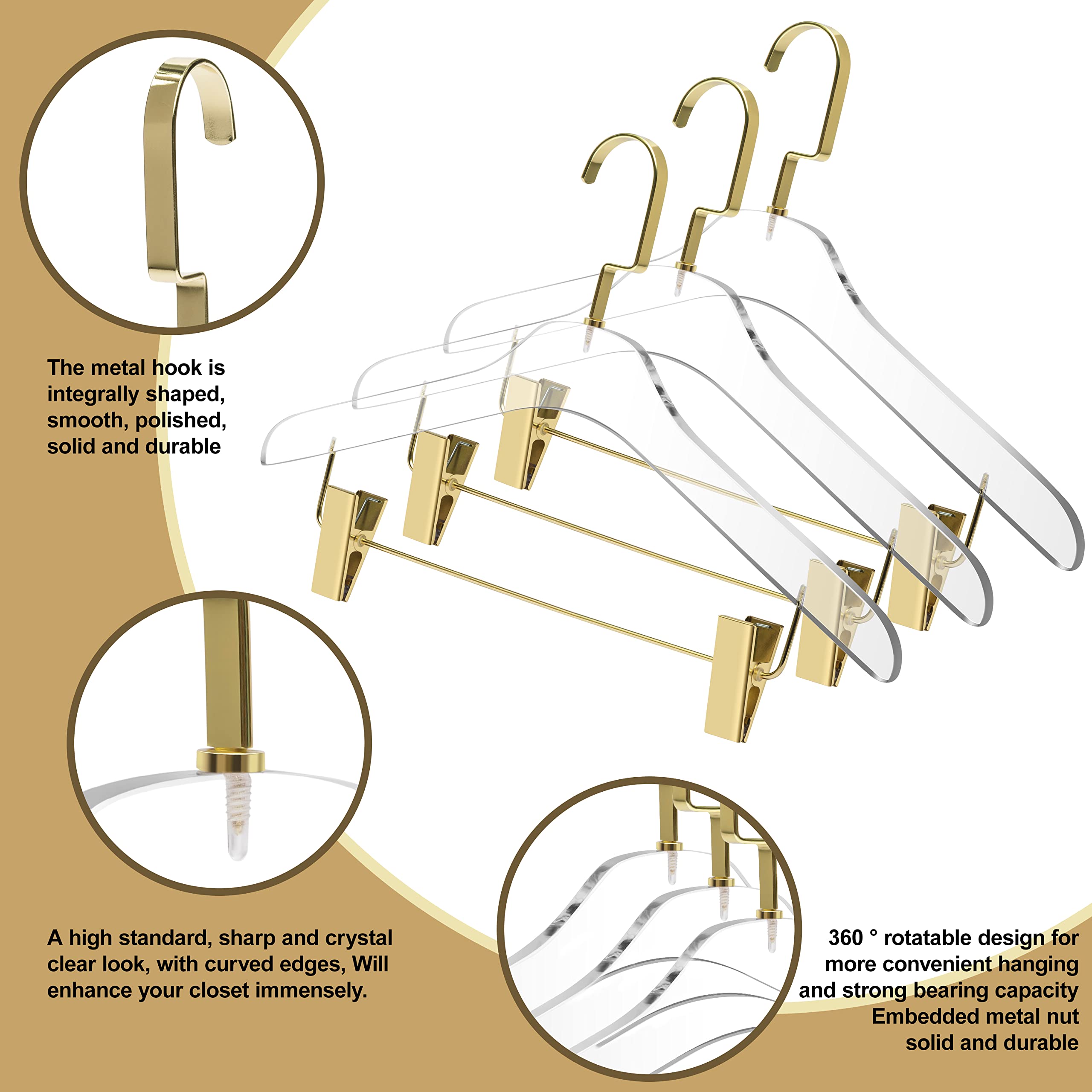 Quality Clear Acrylic Skirt Pant Hangers with Clips � 4 Pack, Stylish Clothes Hanger with Gold Hooks - Coat Hanger for Dress, Suit - Closet Organizer Adult Hangers - Cloth Hangers (Gold Hook, 4)  - Very Good