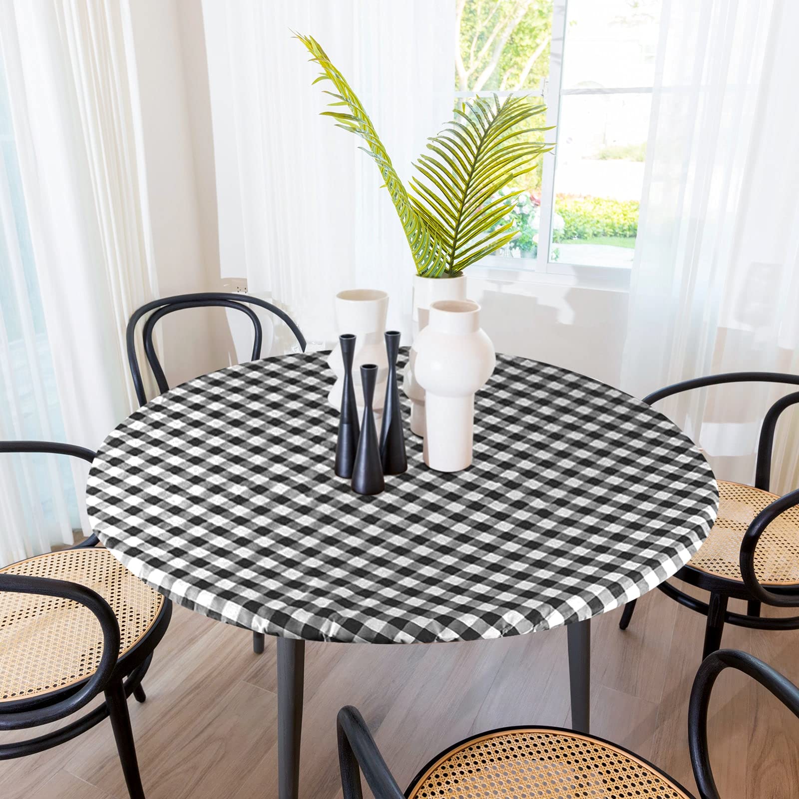 Sorfey Round Tablecloth -Fitted with Elastic, Vinyl with Flannel Back, Fits for Table 60 Inches Round,Water Proof, Easy to Clean, Checked Yellow Design  - Like New