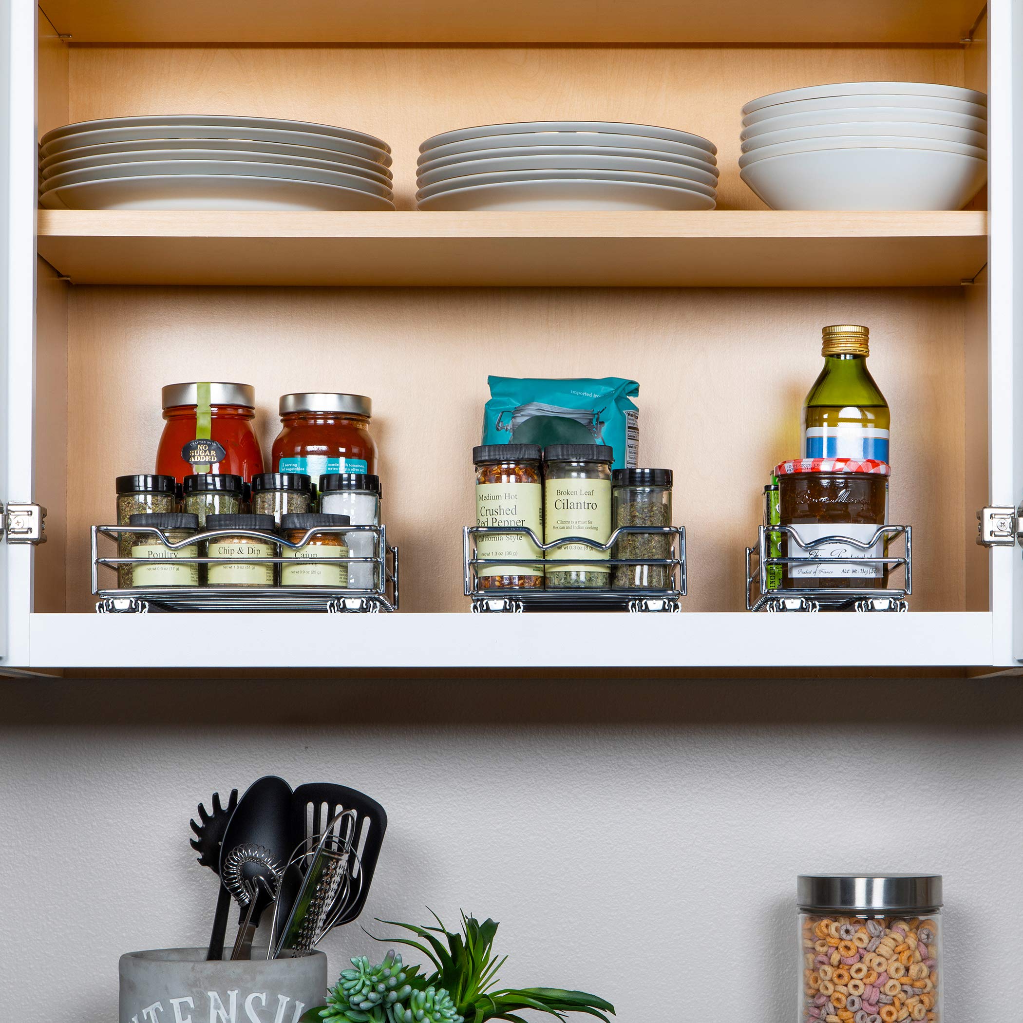 Pull Out Spice Rack Organizer for Cabinet, Heavy Duty-5 Year Limited Warranty, Chrome 8-3/8"Wx 10-3/8"D x 2-1/8 H Slide Out for Upper Kitchen Cabinets and Pantry, Fits Spices, Sauces, Canned Food etc.  - Like New