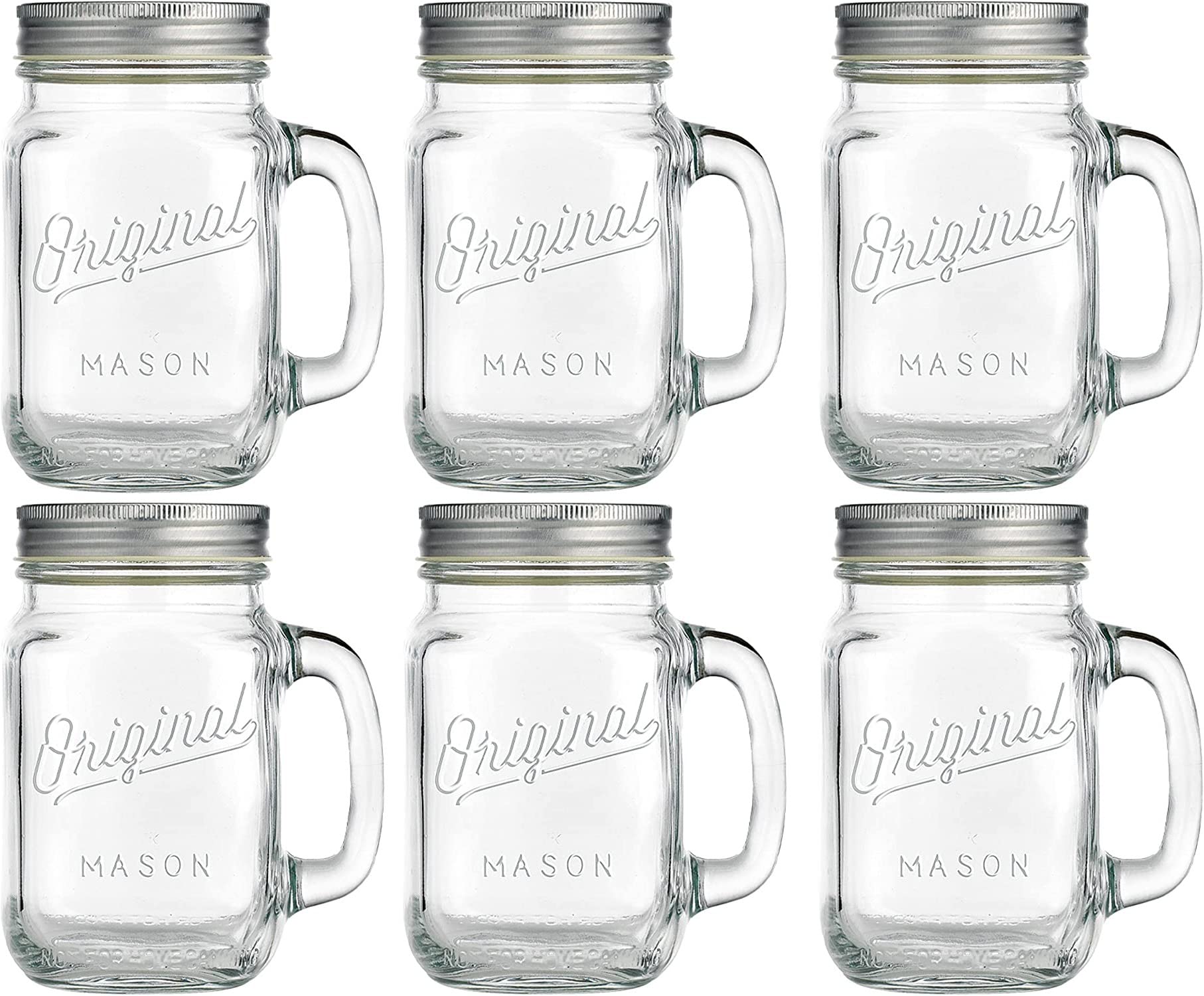 Glaver's Mason Jar 16 Oz. Glass Mugs with Handle and Lid Set Of 6 Old Fashioned Drinking Glass Bottles Original Mason Jar Pint Sized Cup Set.  - Acceptable