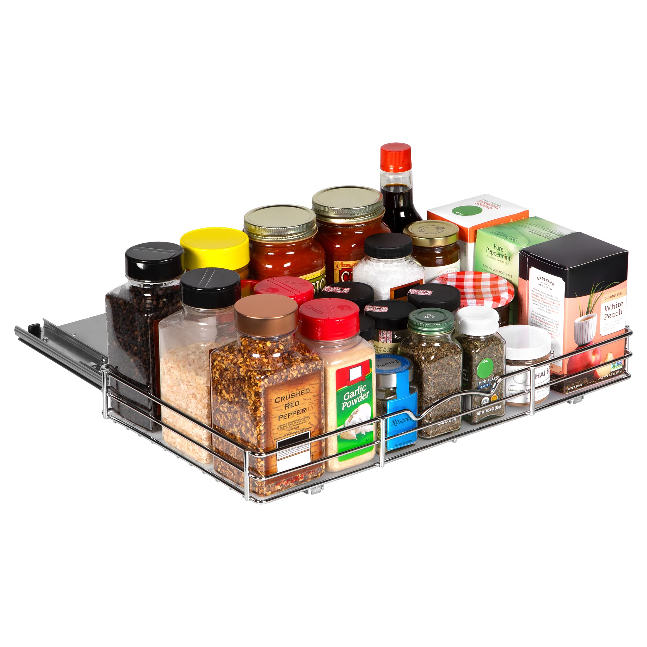 Pull Out Cabinet Organizer for Spices, Cans - Heavy Duty with 5 Year Limited Warranty- Pull Out Spice Rack- Chrome 18-3/8"Wx 10-1/2"D x 2-3/4� H Cabinet Pull Out Shelf for Cans, Hardware, Dishes, Etc.  - Like New