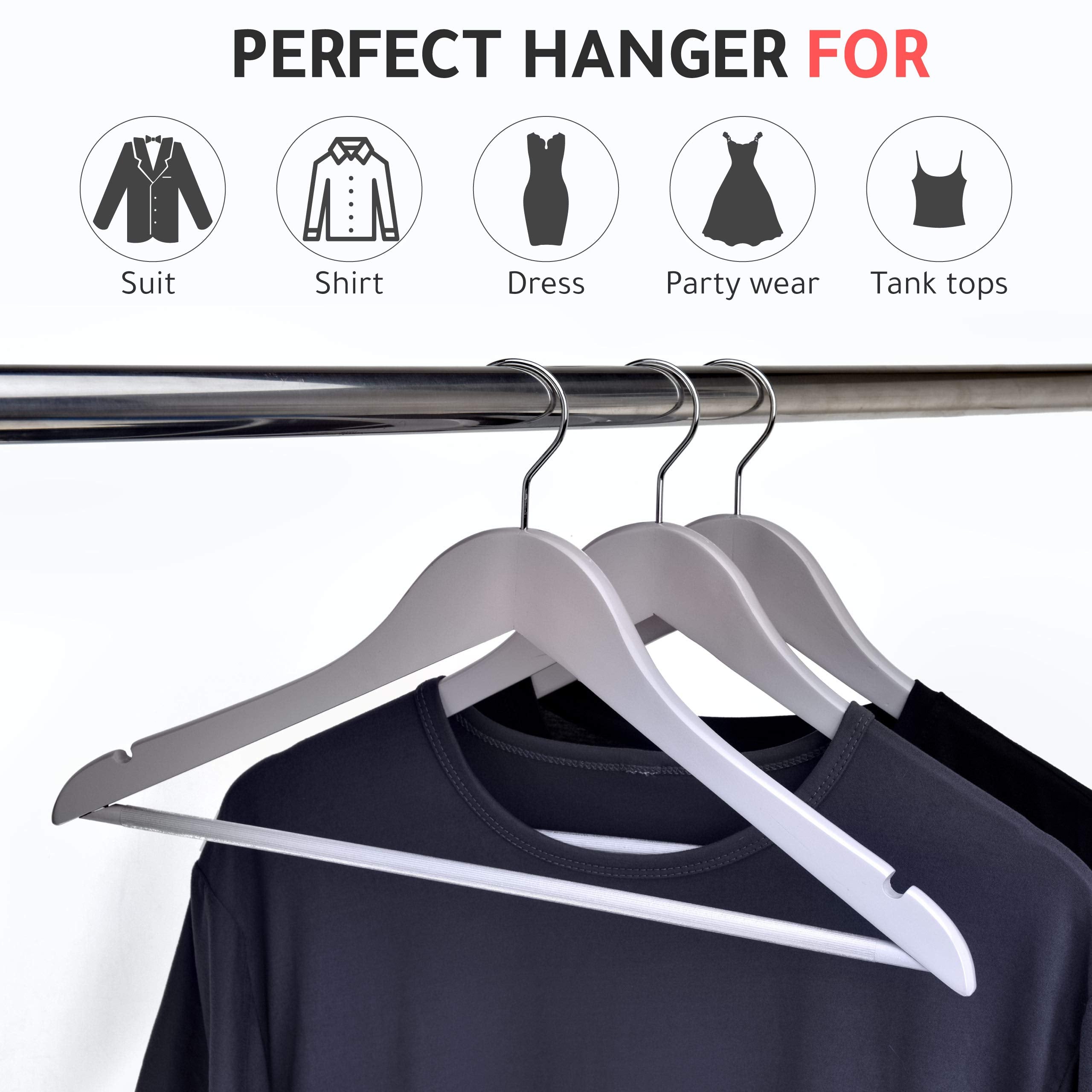 Quality Wooden Hangers - Slightly Curved Hanger Set of 20-Pack - Solid Wood Coat Hangers with Stylish Chrome Hooks - Heavy-Duty Clothes, Jacket, Shirt, Pants, Suit Hangers (Gray, 20)  - Like New