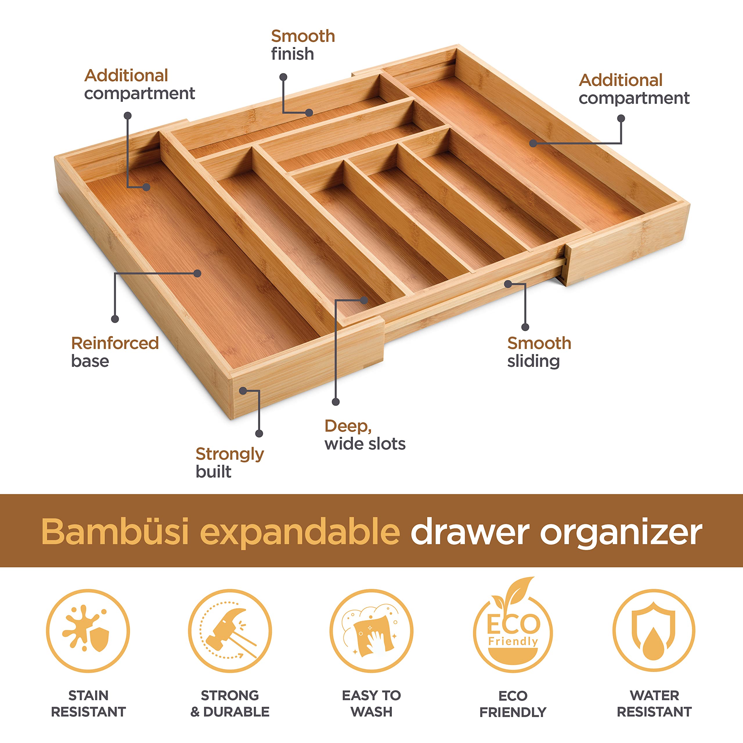 Utensil Organizer for Kitchen Drawers - Bamboo Silverware Organizer - Expandable Utensil Holder and Cutlery Tray with Divider and Removable Knife Block | 17” Long, Adjustable from 13” to 22.5”  - Very Good