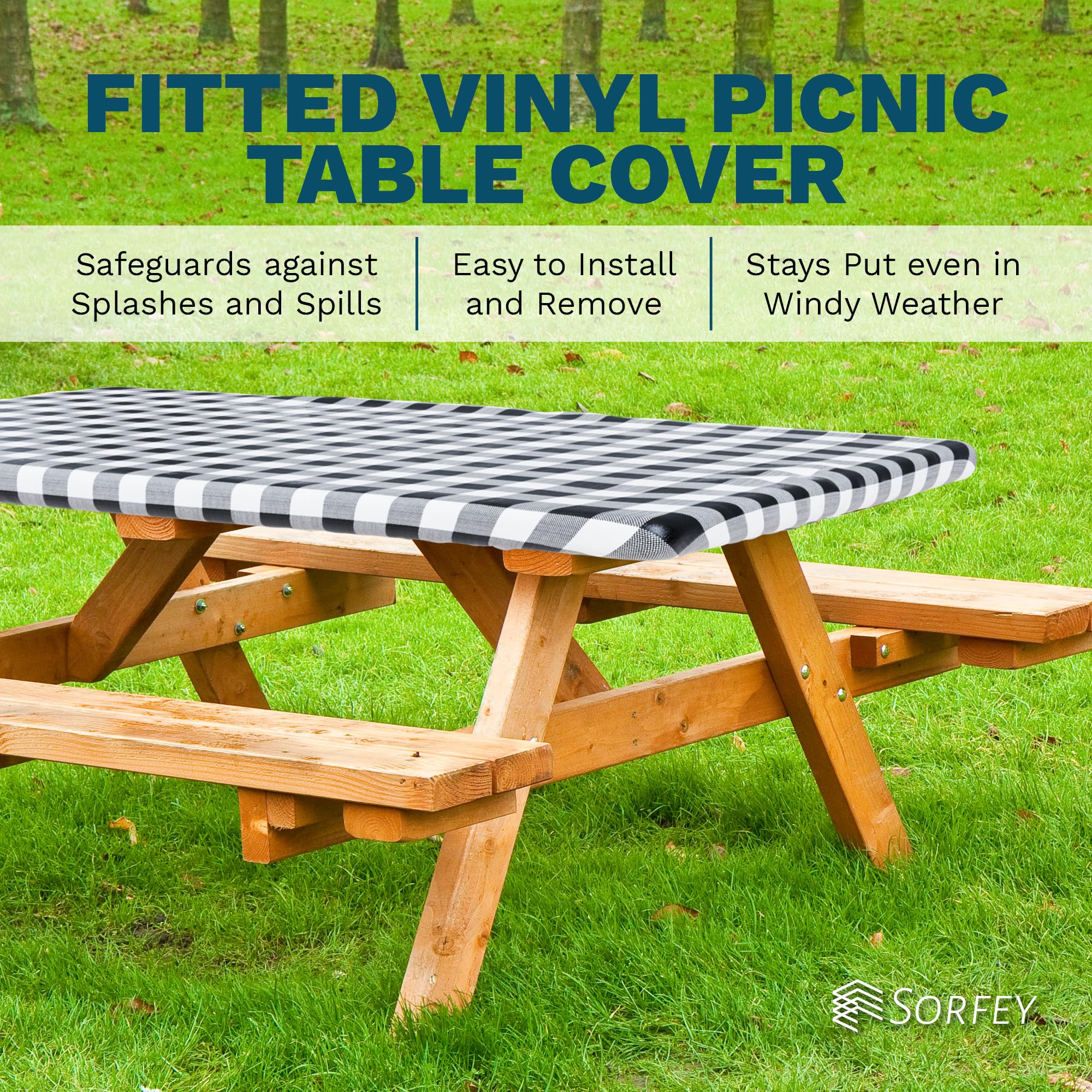 Sorfey Vinyl Picnic Table Fitted Tablecloth Cover, Checkered Design, Flannel Backed Lining, 24 Inch by 48 Inch Blue  - Very Good