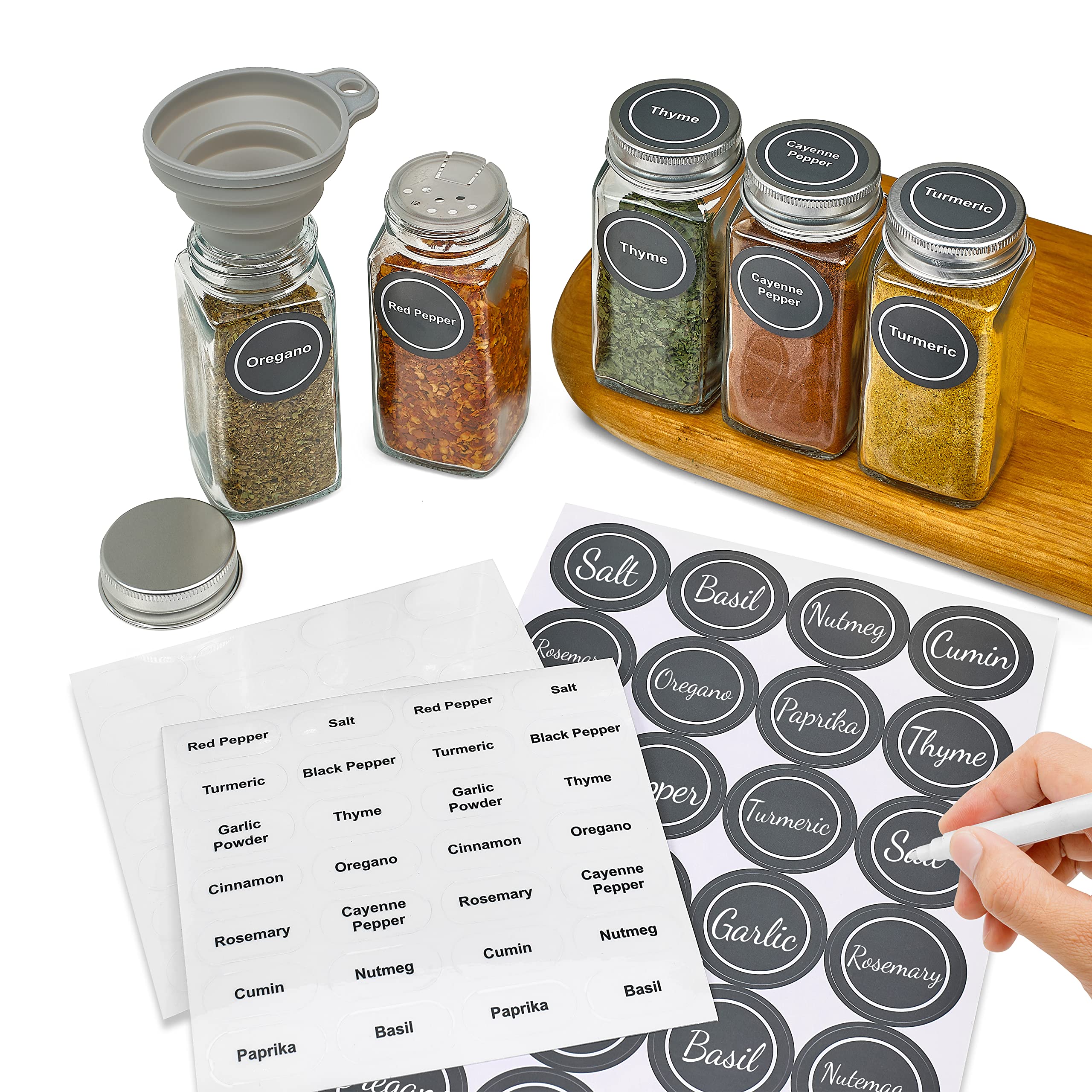 Spice Jars Glass Empty 4 oz - Spice Bottles Empty Glass with Labels Container Shaker Lids, Airtight Metal Caps and Chalkboard/Clear PVC Seasoning Labels, Chalk Marker & Collapsible Funnel  - Like New