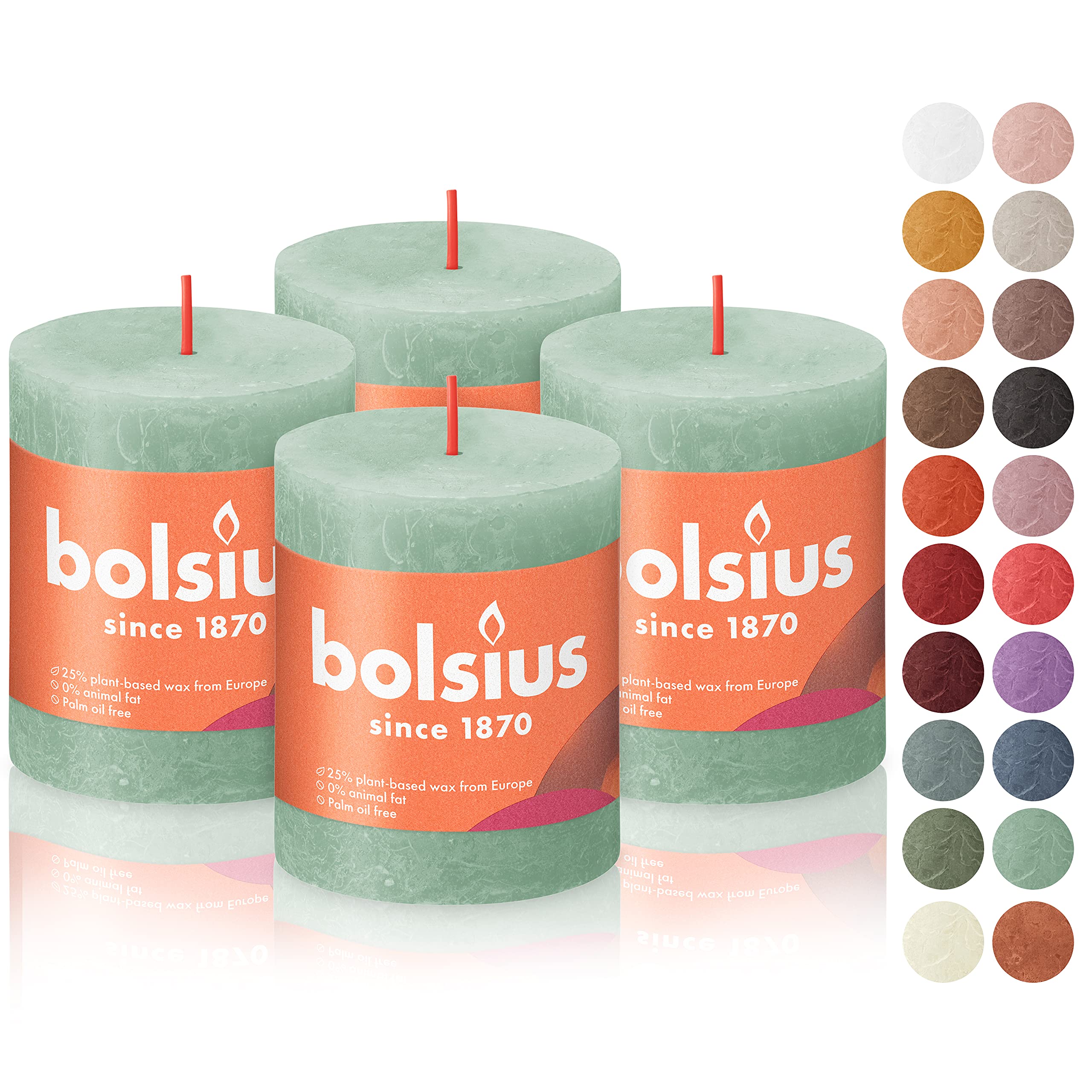BOLSIUS 4 Pack Sage Green Rustic Pillar Candles - 2.75 X 3.25 inches - Premium European Quality - Includes Natural Plant-Based Wax - Unscented Dripless Smokeless 35 Hour Party and Wedding Candles  - Very Good