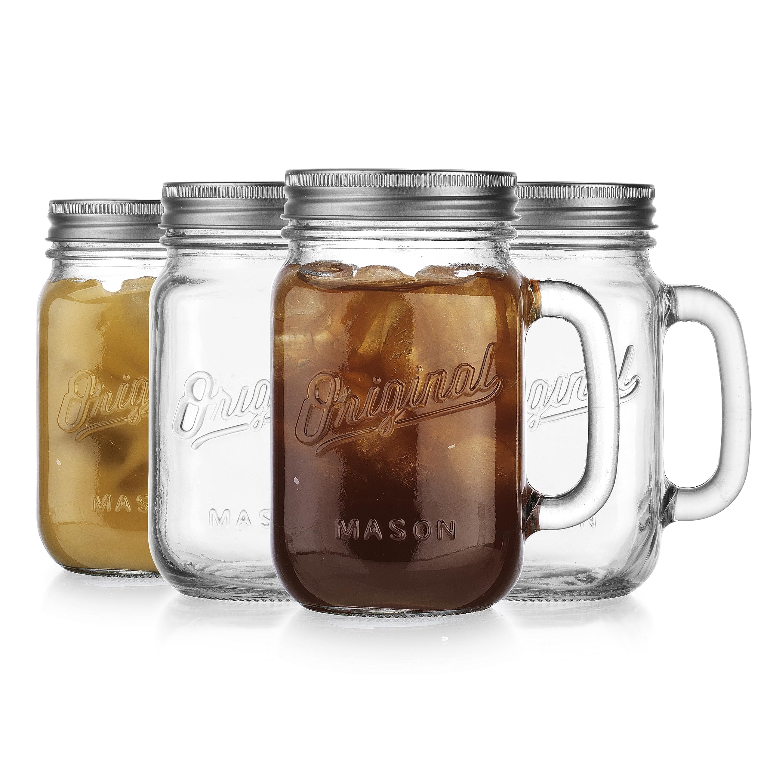 Mason Jar 16 Oz. Glass Mugs with Handle and Lid Set Of 4 - Home Essentials & Beyond - Old Fashioned Drinking Glass Bottles Original Mason Jar Pint Sized Cup Set.  - Acceptable