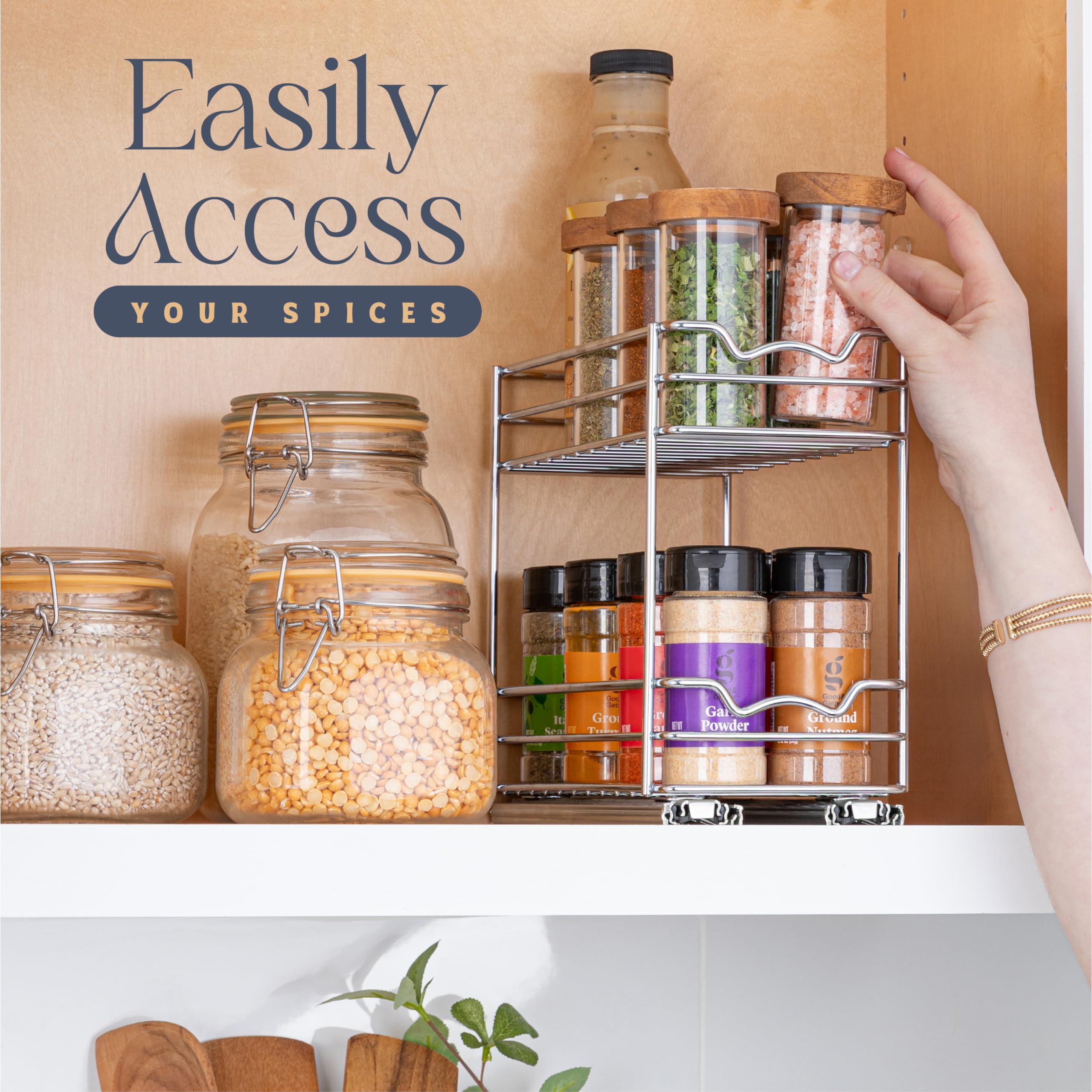 HOLD N' STORAGE Premium Pull-Out Spice Rack - 4.5"W x 10"D - Anti-Rust Chrome Finish - Heavy Duty with 5-Year Limited Warranty- Fits 2 Rows of Standard Spice Jars  - Like New