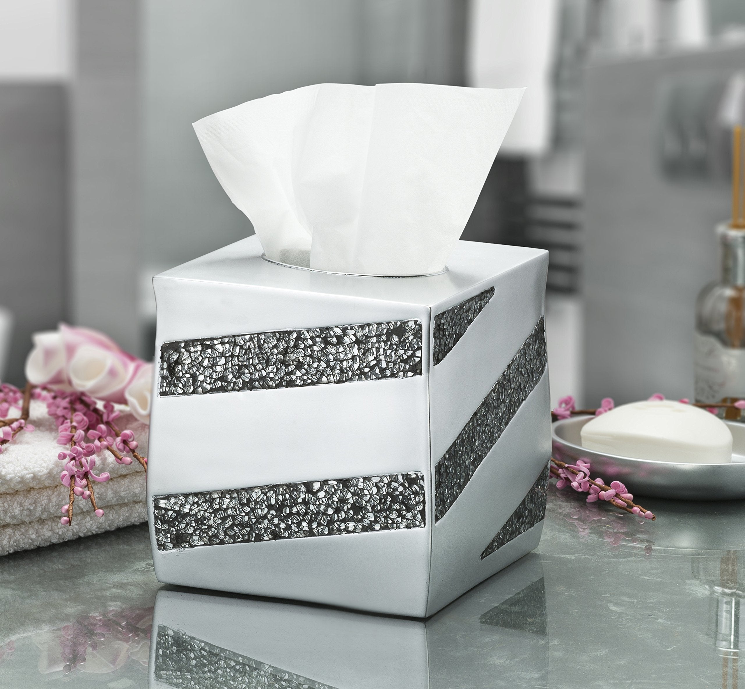 Creative Scents Tissue Box Cover Square - Decorative Tissue Box Holder for Bathroom with Durable Bottom Slider, Beautiful Silver Mosaic Tissues Cube Box Cover  - Like New