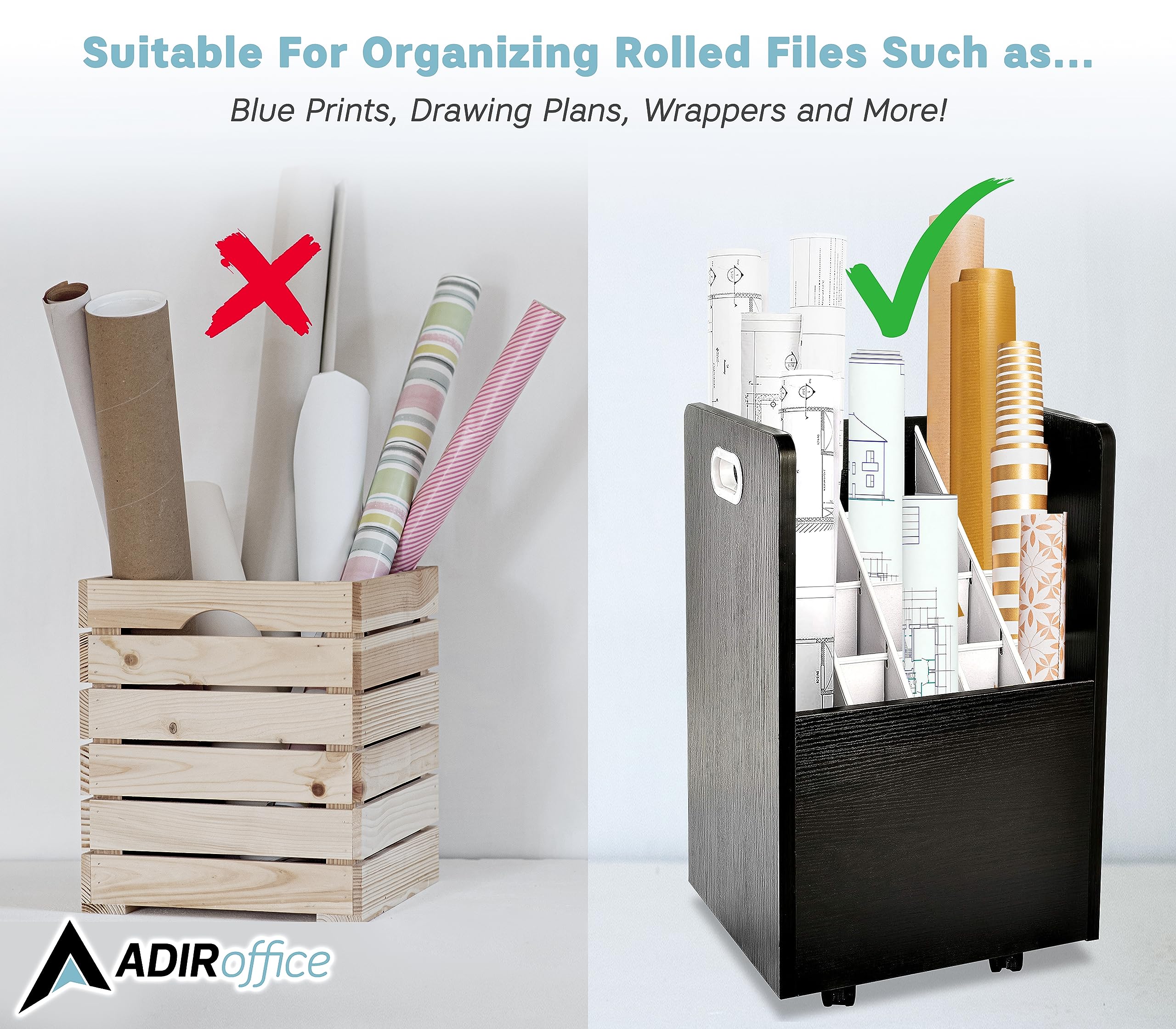 Adir Mobile Blueprint Roll File Holder - Mobile Roll File Organizer Cart for Home Office or School. 20,21,50 Slots Blueprint File Holder with Wheels for Maps, Plans, Posters  - Acceptable