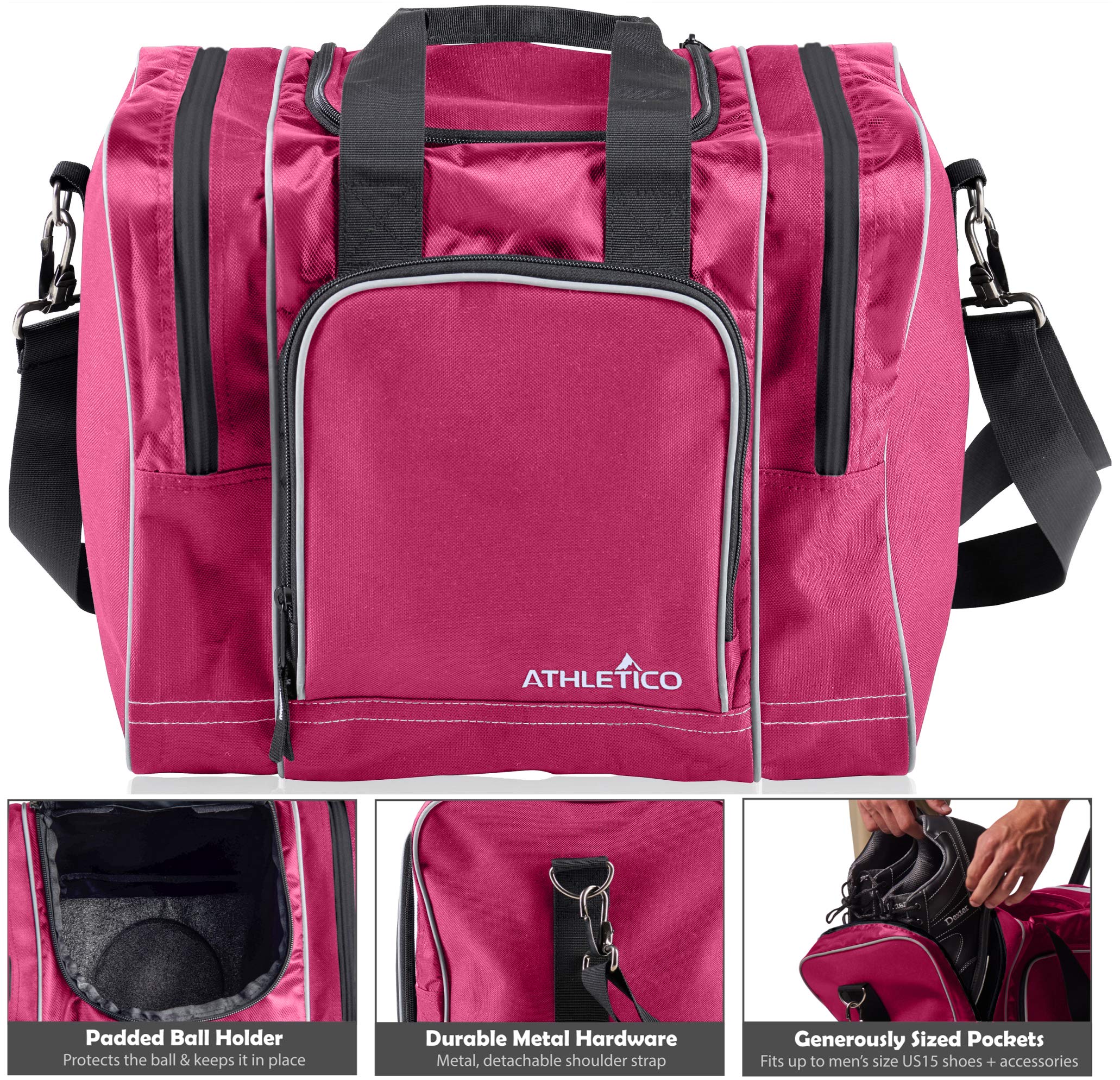 Athletico Bowling Bag for Single Ball - Single Ball Tote Bag With Padded Ball Holder - Fits a Single Pair of Bowling Shoes Up to Mens Size 14 (Pink)  - Very Good