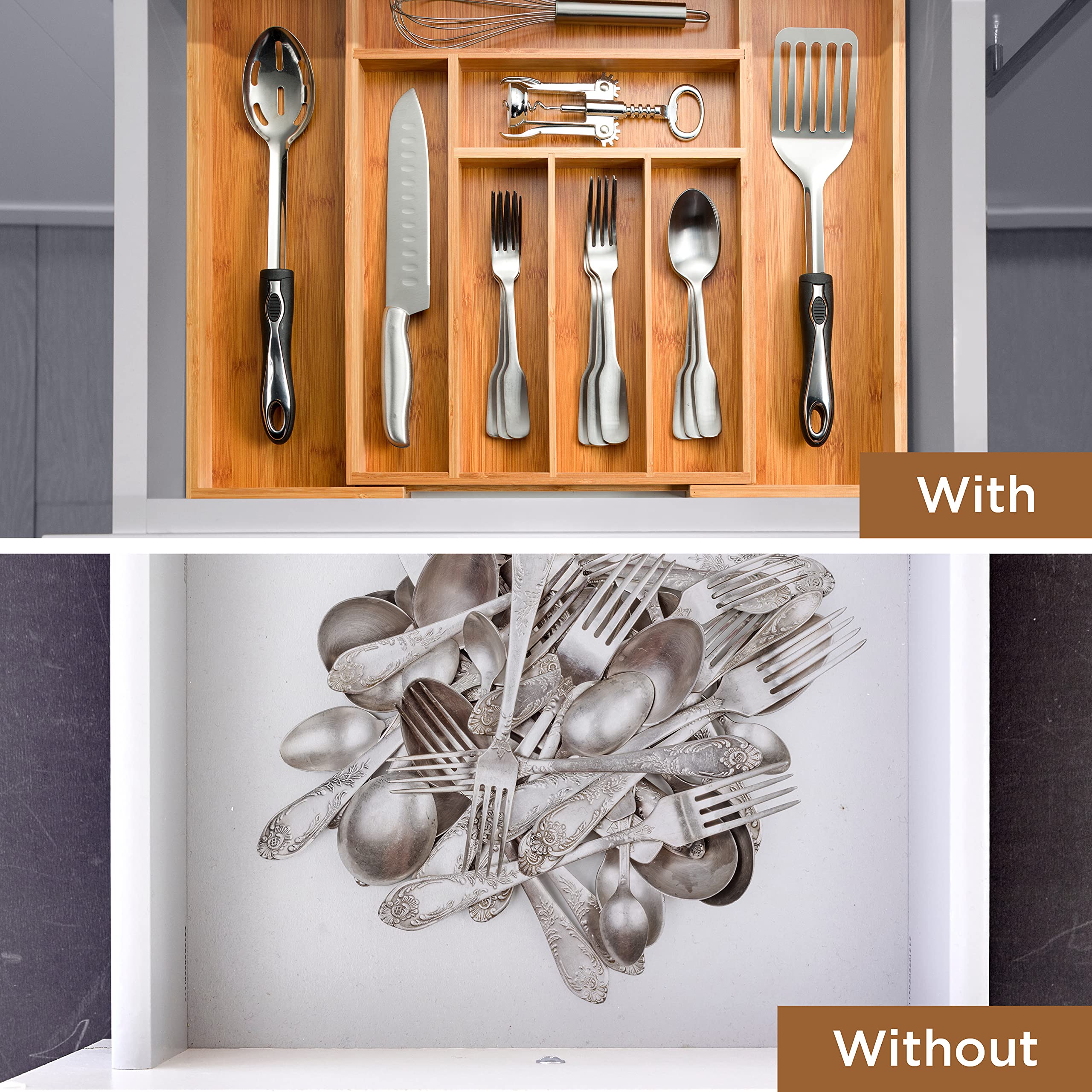 Utensil Organizer for Kitchen Drawers - Bamboo Silverware Organizer - Expandable Utensil Holder and Cutlery Tray with Divider and Removable Knife Block | 17” Long, Adjustable from 13” to 22.5”  - Like New