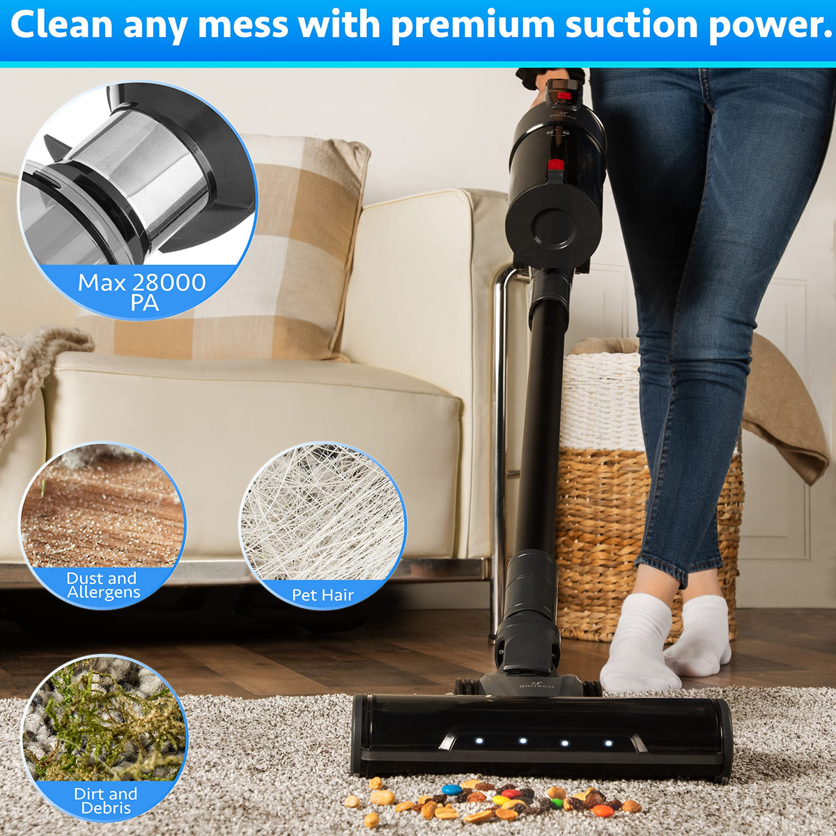 BRITECH Cordless Lightweight Stick Vacuum Cleaner, 500W Motor for Powe