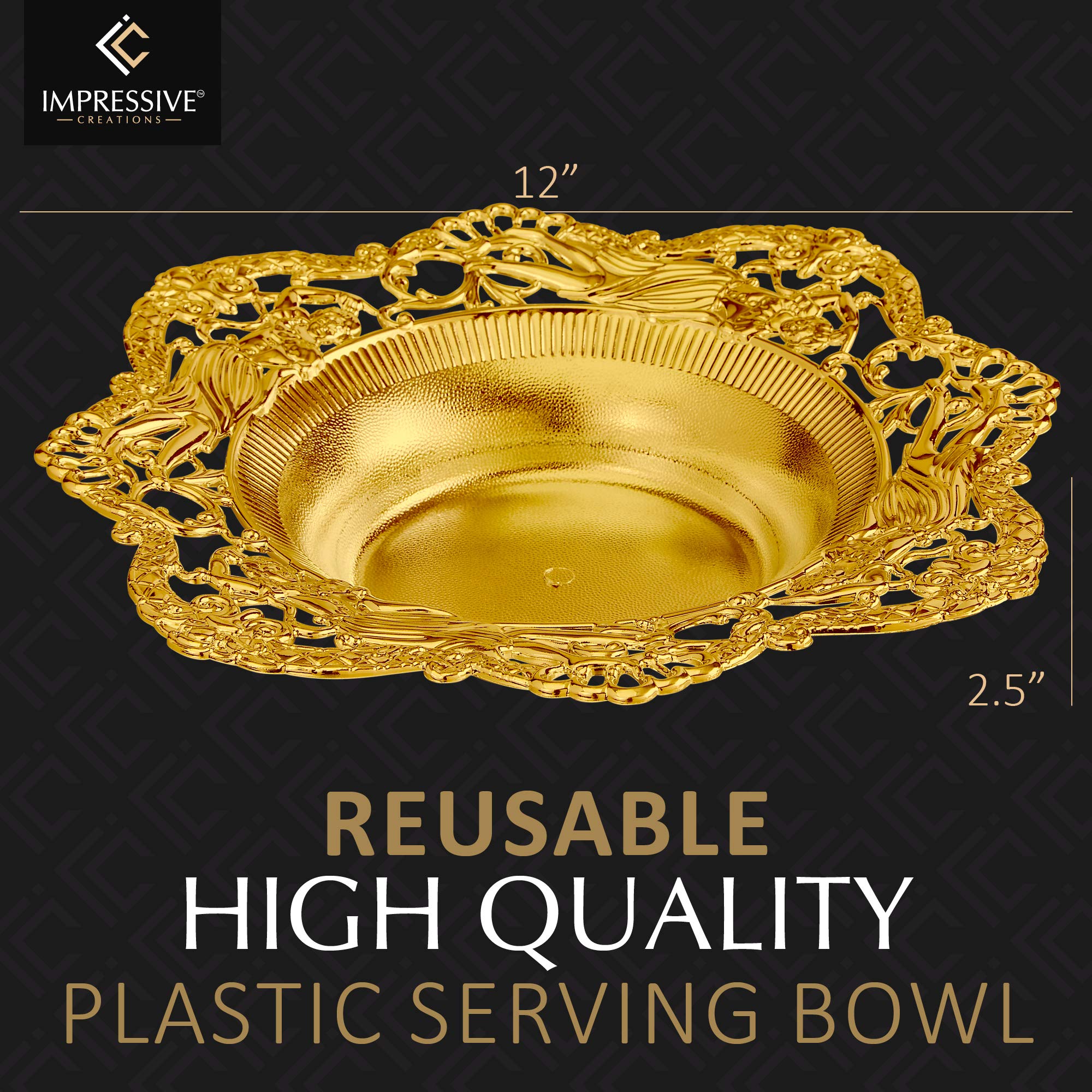 IMPRESSIVE CREATIONS Medium Gold Plastic Serving Dish - 10pk. Reusable Food Serving Bowl for Candy, Appetizers - Elegant Vintage Design with Flat Rim for Kitchen, Party, Centerpiece Display  - Good