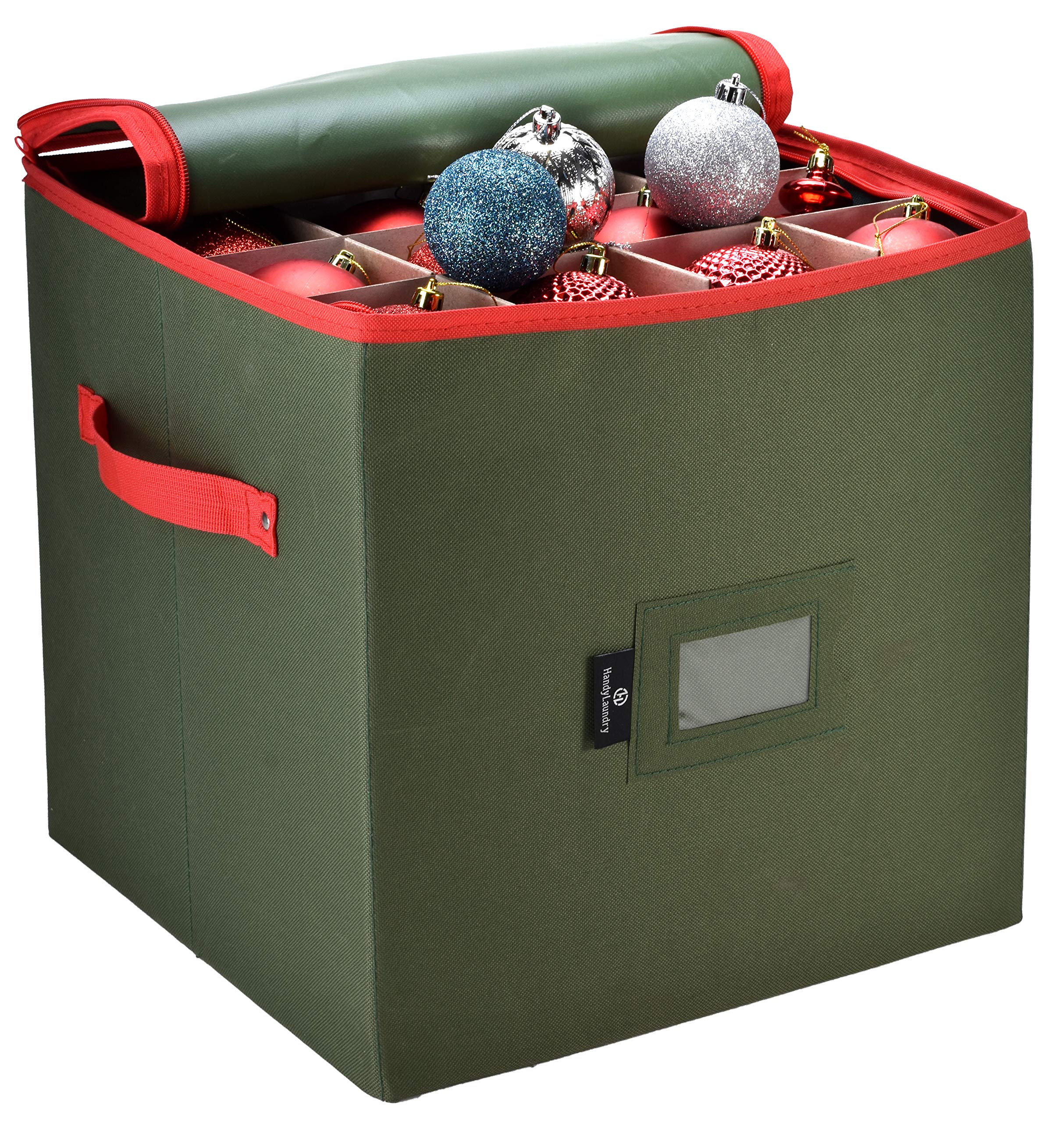 Christmas Ornament Storage - Stores up to 64 Holiday Ornaments, Adjustable Dividers, Covered Top, Two Handles. Attractive Storage Box Keeps Holiday Decorations Clean and Dry for Next Season.  - Like New