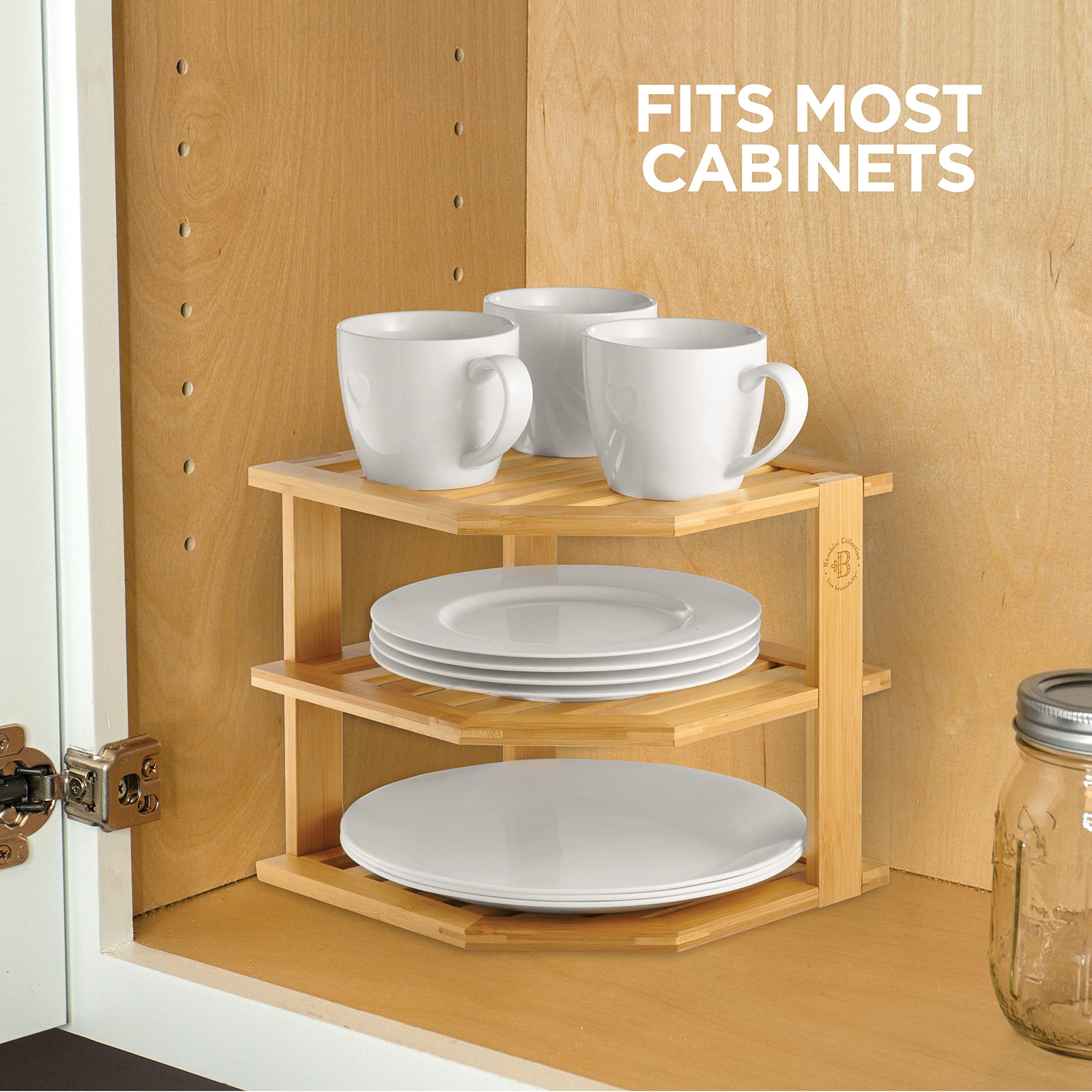 Bamb�si Plate Organizer for Cabinet - Bamboo Kitchen and Bathroom Organization - Ideal for Cabinet Space Saving, Corner Cabinet Organizer, Countertop, and Corner Shelf Kitchen Organizer  - Acceptable