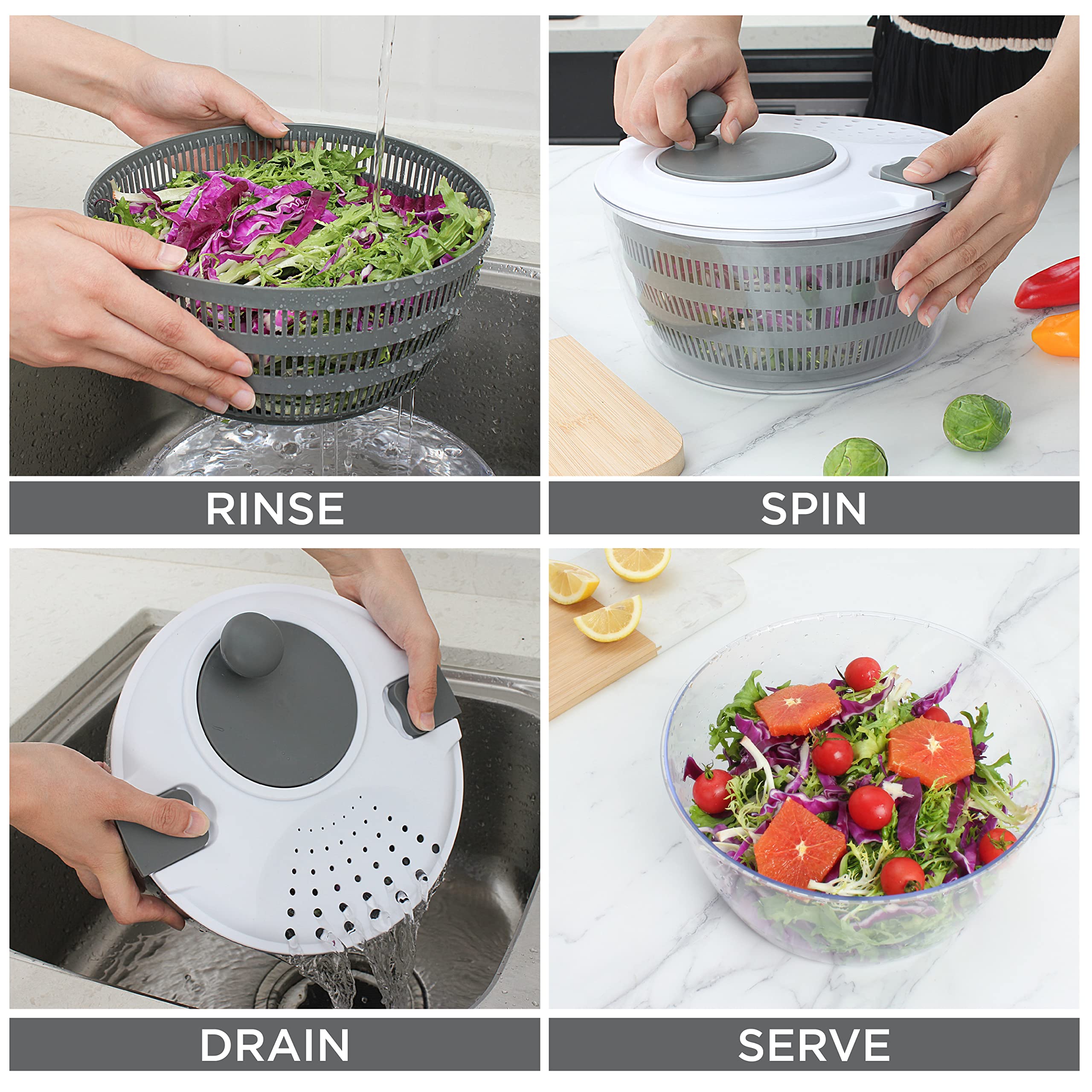 Cook with Color Salad Spinner - Lettuce and Produce Dryer with Bowl, Colander and Built in draining System for Fresh, Crisp, Clean Salad and Produce (Grey)  - Very Good