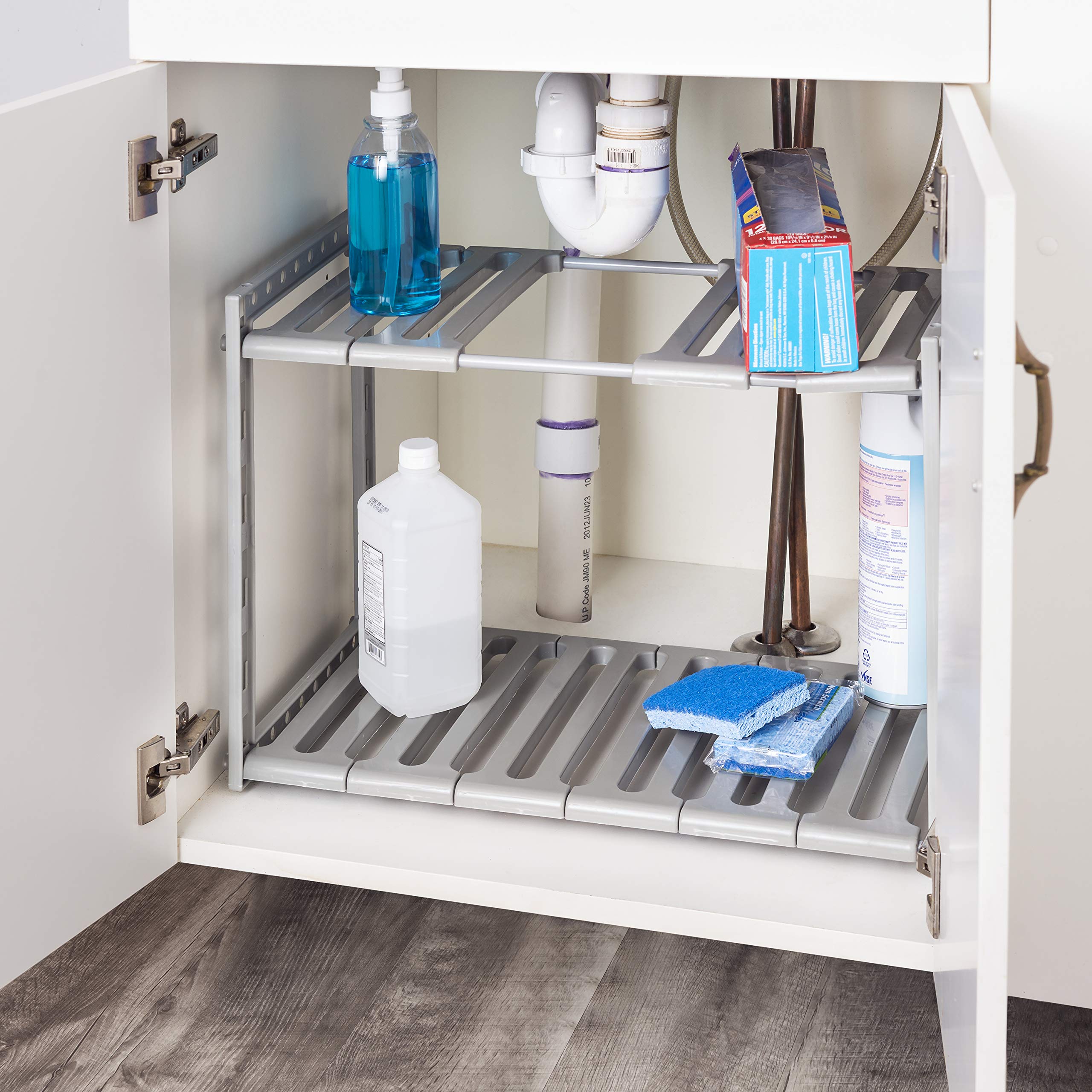 Home Basics 2 Tier Adjustable Multi-Functional Plastic Under Sink Organizer, Grey  - Very Good