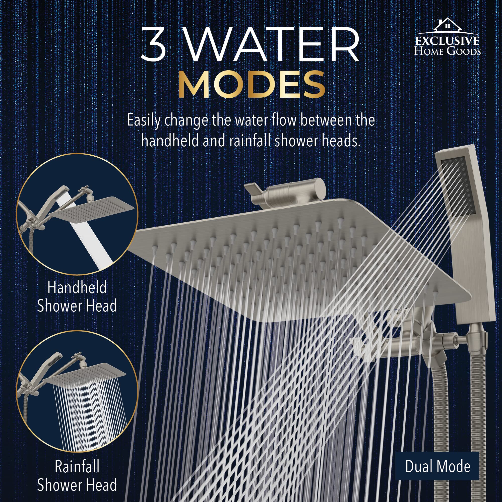 All Metal Shower Head Dual Square Shower Head With Handheld Wand 71in Hose Set, High Pressure Rain Shower Heads Combo, 3-Way Diverter Rainfall Showerhead with Adjustable Extension Arm  - Very Good