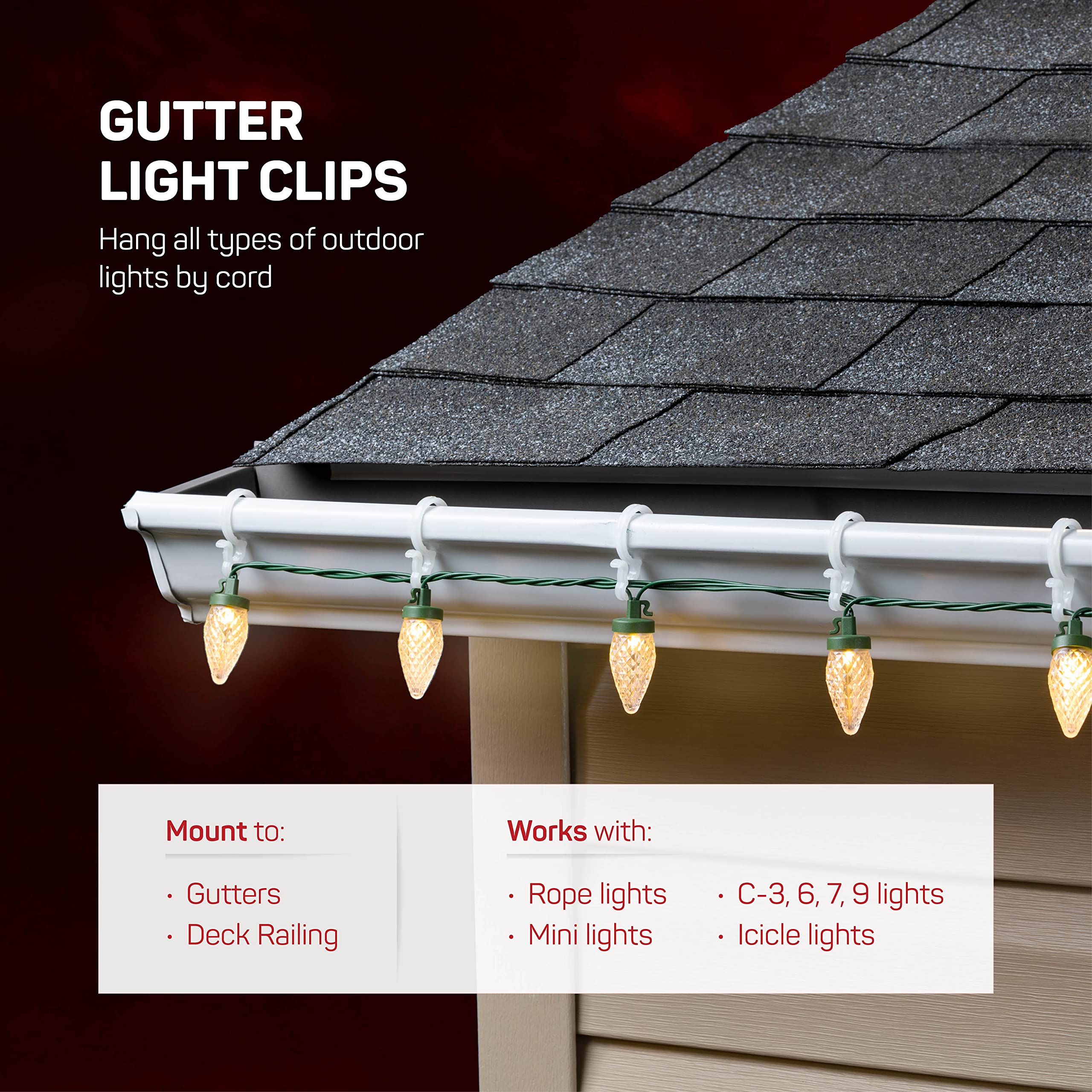 SEWANTA Holiday Light Clips Gutter Light Clips, Hang by Cord All Type Outdoor Lights C5, C6, C7, C9, Mini, Icicle, Rope Lights. Christmas Light Clips Outdoor. No Tools Required - USA Made  - Like New