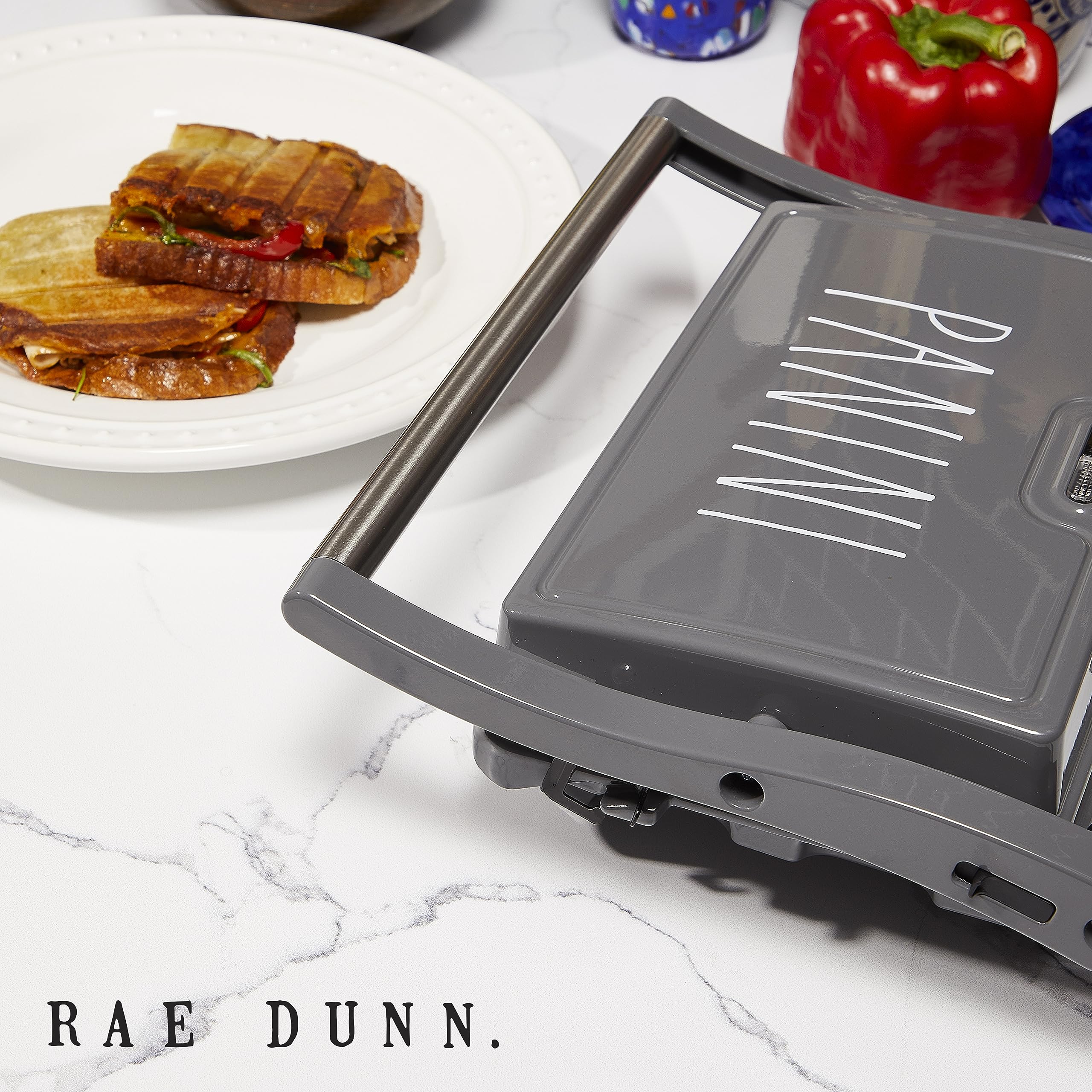 Rae Dunn Panini Maker - 750 Watt 2-Slice Press Grill with Indicator Lights | Opens 180 Degrees | Double Sided Heating | Non-stick Cooking | Cool Touch Handle | Easy to Clean, Grey  - Very Good