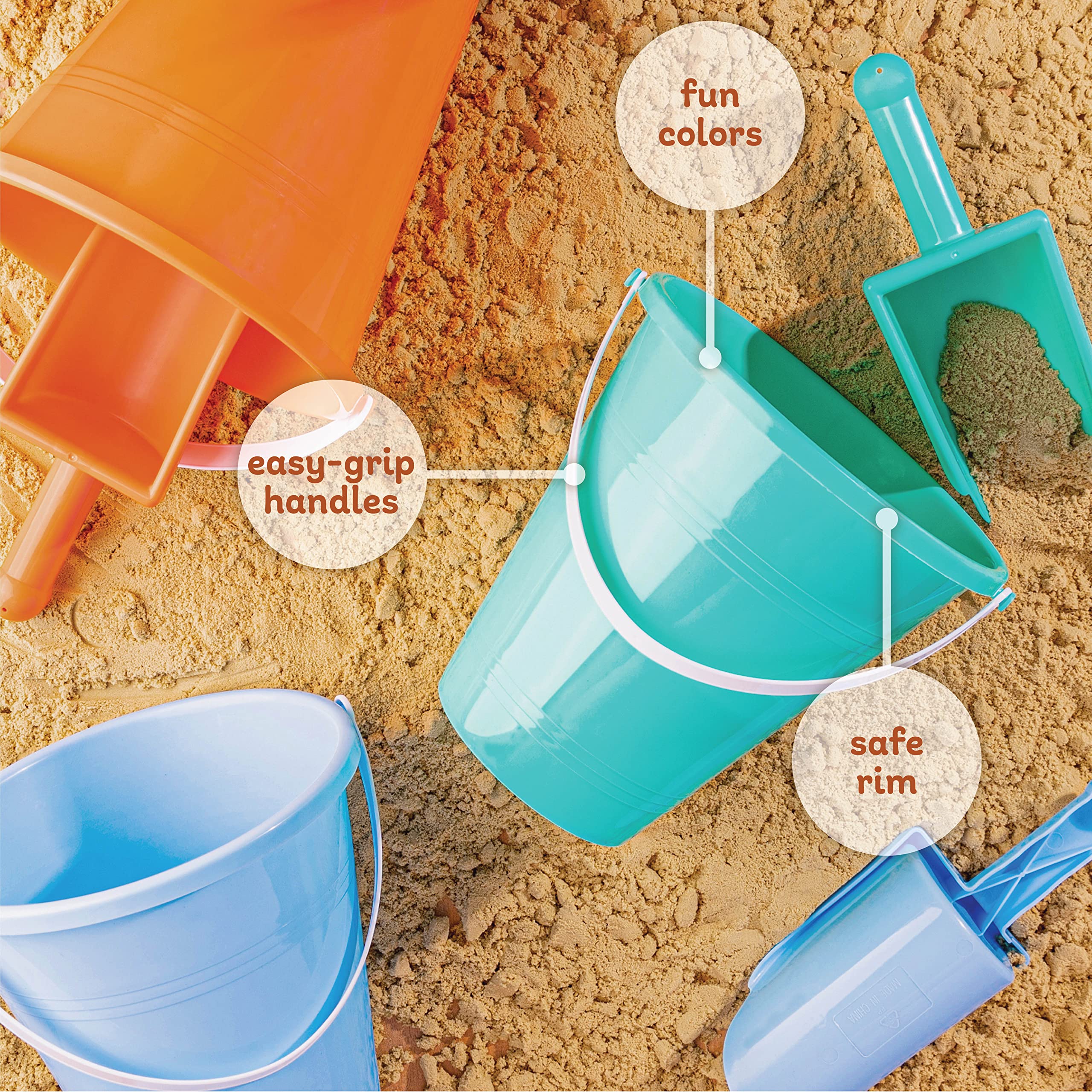 Large 8 Inch Beach Sand Pails and Shovels - Includes 3 Sand Shovels and 3 Pail Buckets - Fun Summer Sand Toys for Boys and Girls  - Like New