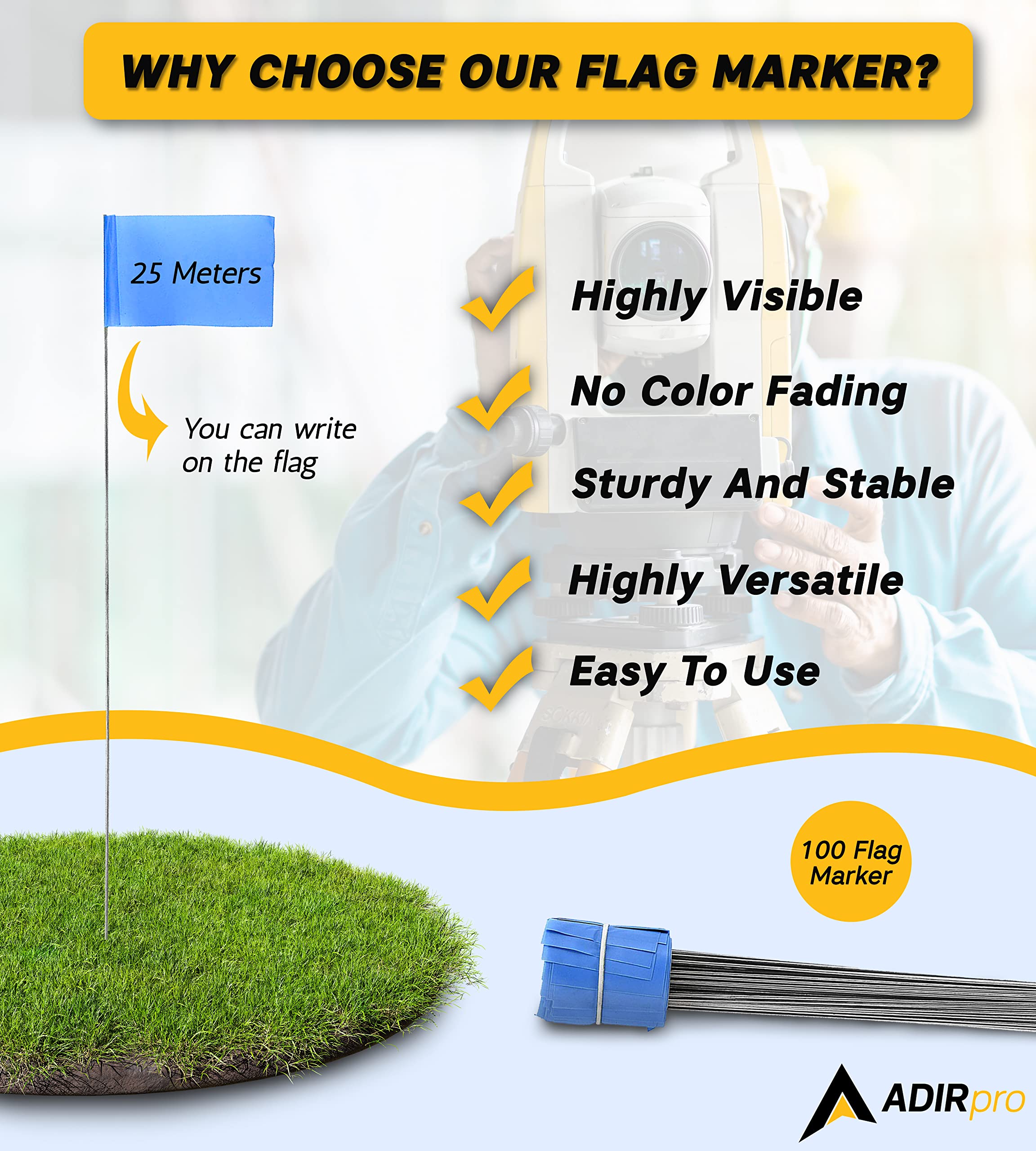 AdirPro 2''x3'' Stake Flags - 100 Pack Pet Boundary Flag -Marking Pennant - Durable Reusable Flag Stakes for Easy Identification Perfect for Surveying Safety Marking and Other Industrial Use Variation  - Like New