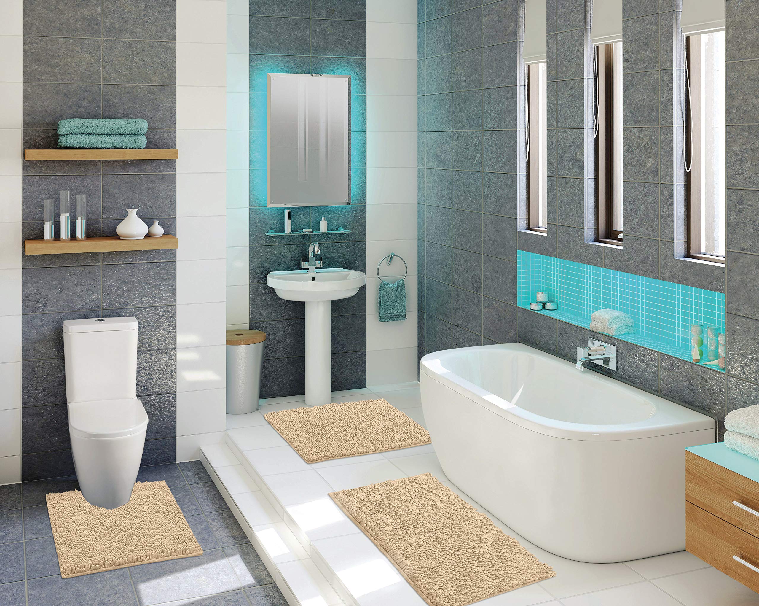 LuxUrux Bathroom Rugs 3pc Non-Slip Shaggy Chenille Bathroom Mat Set, Includes U-Shaped Contour Toilet Mat, 20 x 30'' and 16 x 24'' Bath Mat, Machine Washable  - Acceptable
