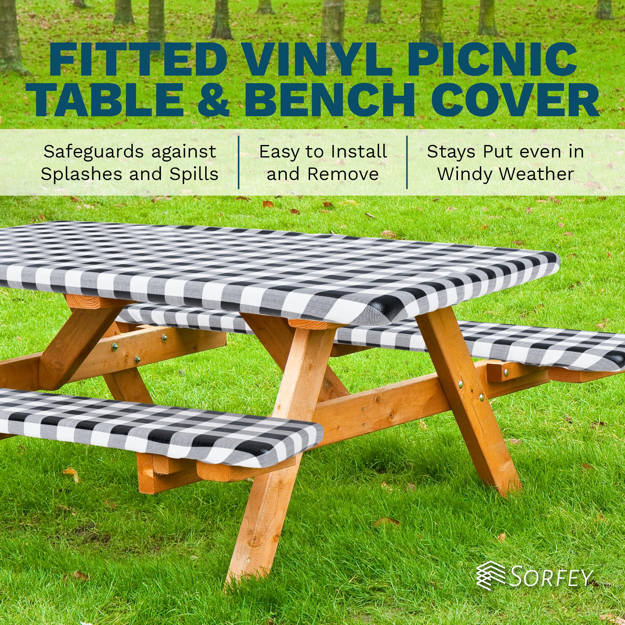 Sorfey Picnic Table Cover with Bench Covers -Fitted with Elastic, Vinyl with Flannel Back, Fits for Table 30"x 96" Rectangle,Water Proof, Checked Yellow Design  - Like New