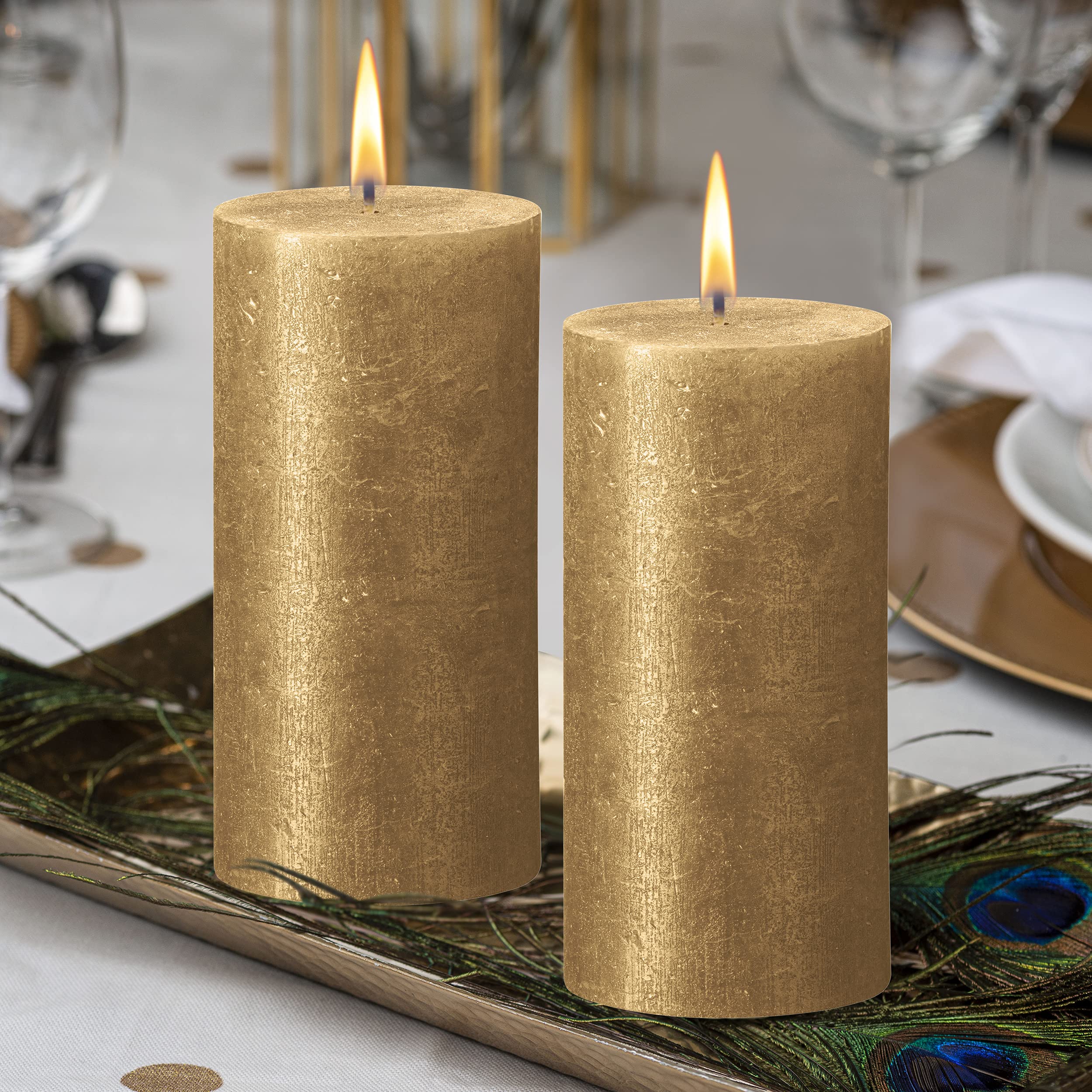 BOLSIUS Gold Shimmer Metallic Pillar Candles 4 Pack - 2.75 X 7.5 Inches - Premium European Quality - Includes Natural Plant-Based Wax - Unscented Dripless Smokeless 85 Hour Party & Wedding Candles  - Like New