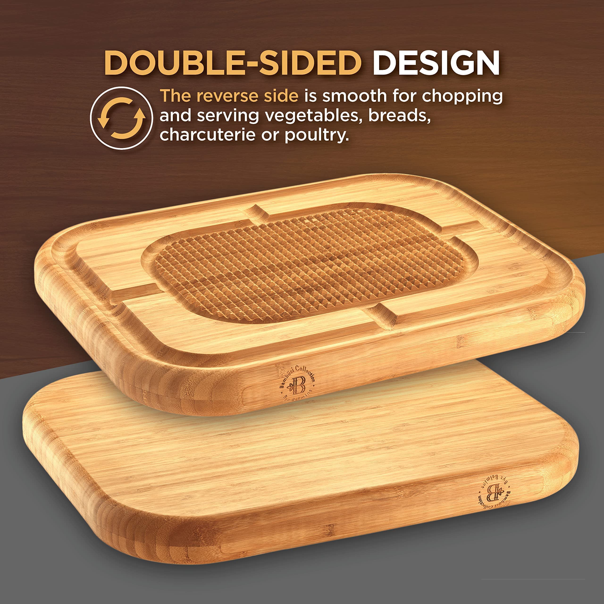 Cutting Board for Meat - Bamboo Butcher Block with Juice Groove - Large Wooden Kitchen Cutting Board with Pyramid Design to Stabilize Meat - Reversible Serving Tray and Chopping Board for Countertop  - Like New