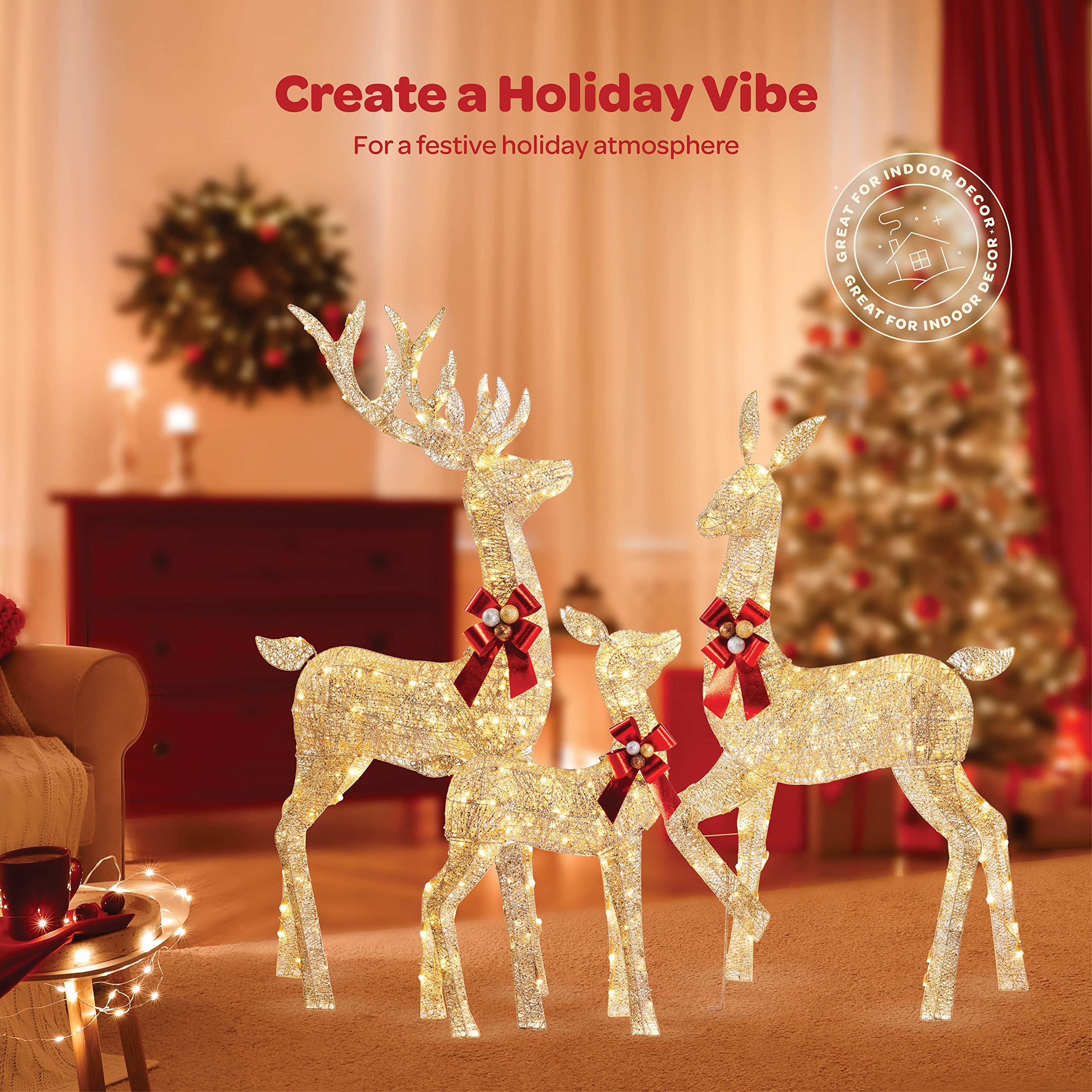 Impressive Reindeer Christmas Decoration Family [Set of 3] Lighted with 365 LED Lights Large all-Weather Christmas Outdoor Decoration Display (Buck Doe and Fawn) With Red Bows/Tie-Down Stakes - Gold. christmas decorations outdoor reindeer  - Very Good
