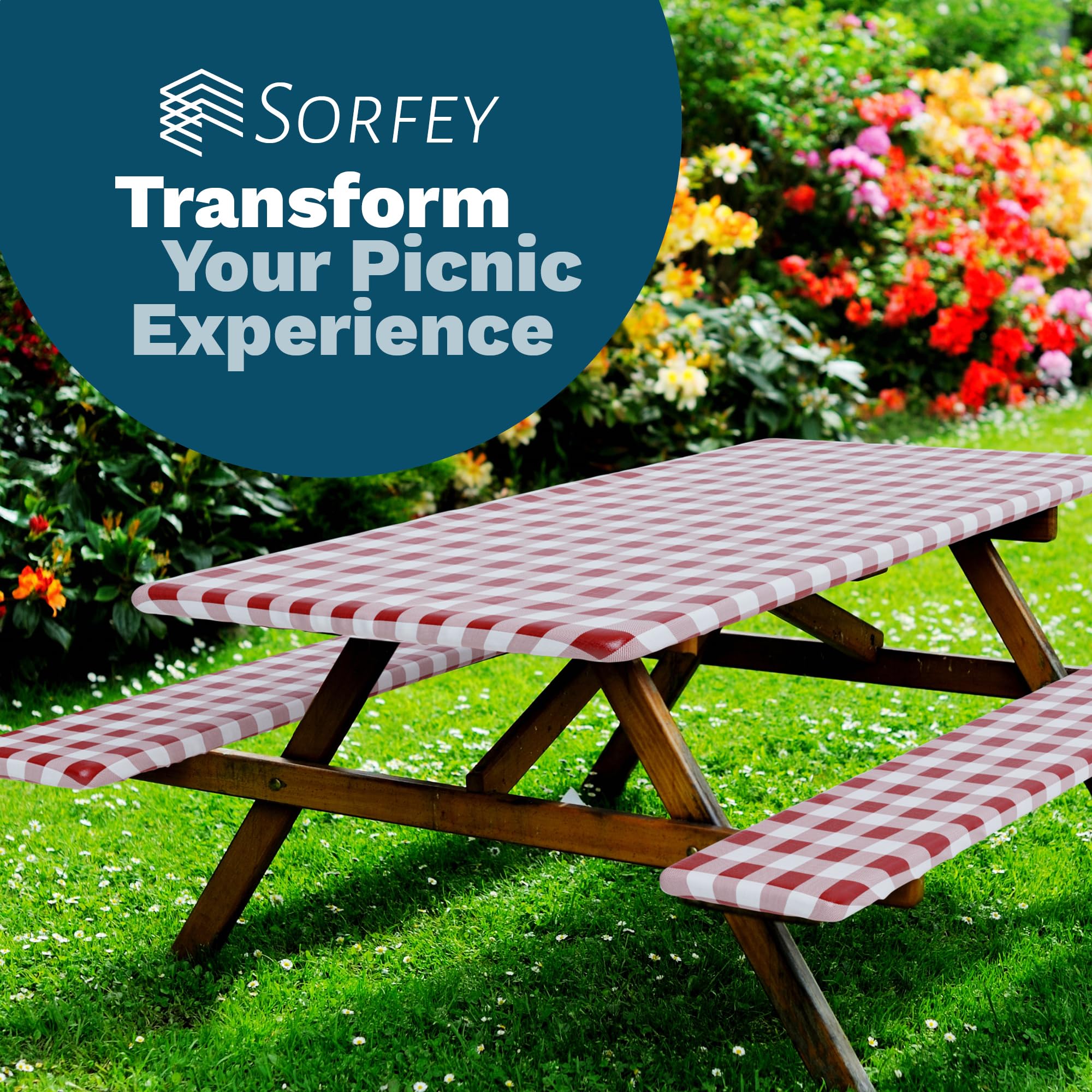 Sorfey Picnic Table Cover with Bench Covers -Fitted with Elastic, Vinyl with Flannel Back, Fits for Table 30"x 96" Rectangle,Water Proof, Checked Yellow Design  - Like New