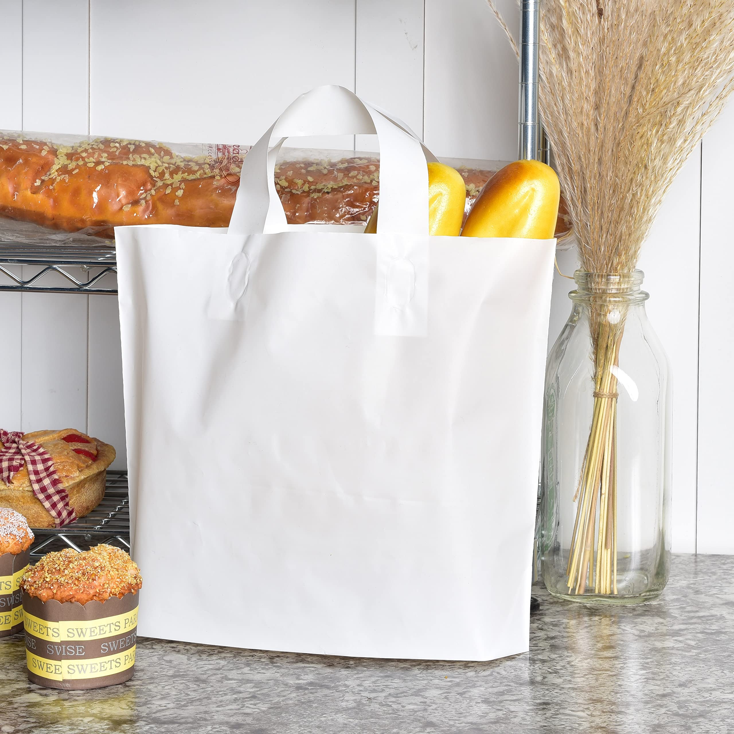 Plastic Bags with Handles - 50 Pack White Shopping Bags for Boutique, Large Opaque Plastic Tote Bags in Bulk for Small Business, Retail Stores, Parties, Events, Take Out, Thank You, Gifts - 12x4x10  - Acceptable