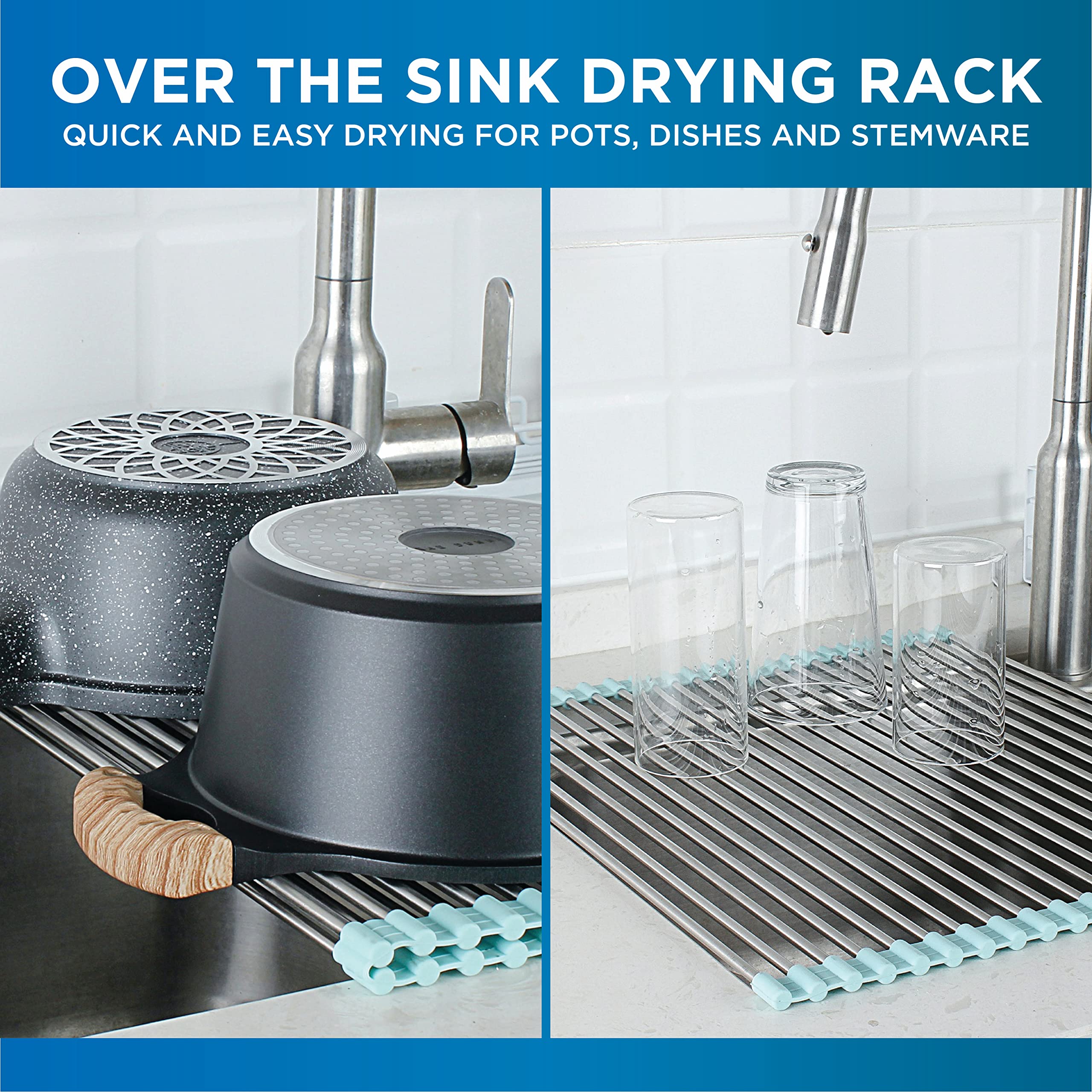 COOK WITH COLOR Roll Up Dish Rack- 2 Pack Over The Sink Mat for Drying Dishes - Silicone Wrapped Stainless Steel Rods (15" x 17.5") - Versatile Roll Up Trivet & Dish Drying Rack for Kitchen  - Like New