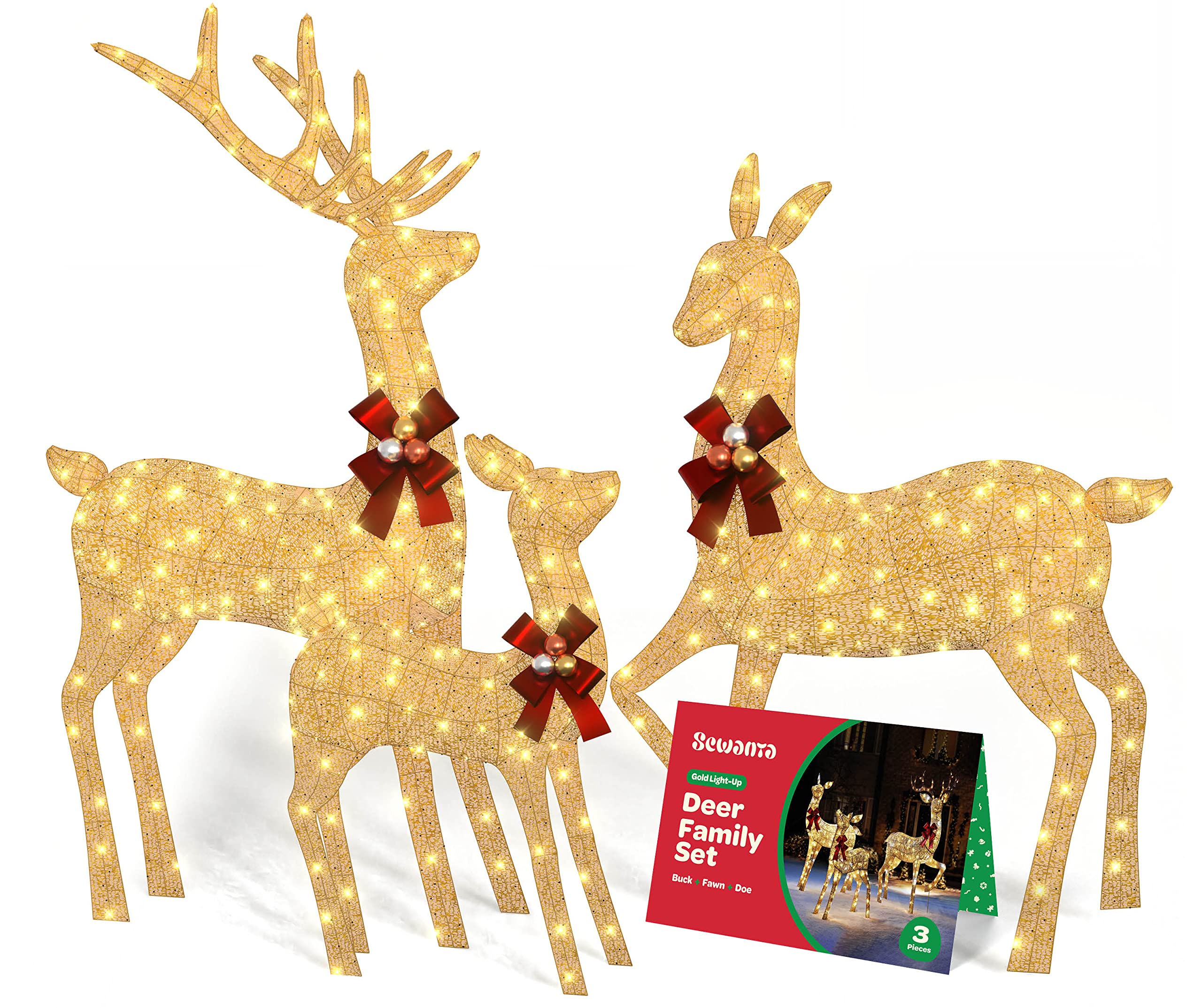 Impressive Reindeer Christmas Decoration Family [Set of 3] Lighted with 365 LED Lights Large all-Weather Christmas Outdoor Decoration Display (Buck Doe and Fawn) With Red Bows/Tie-Down Stakes - Gold. christmas decorations outdoor reindeer  - Like New