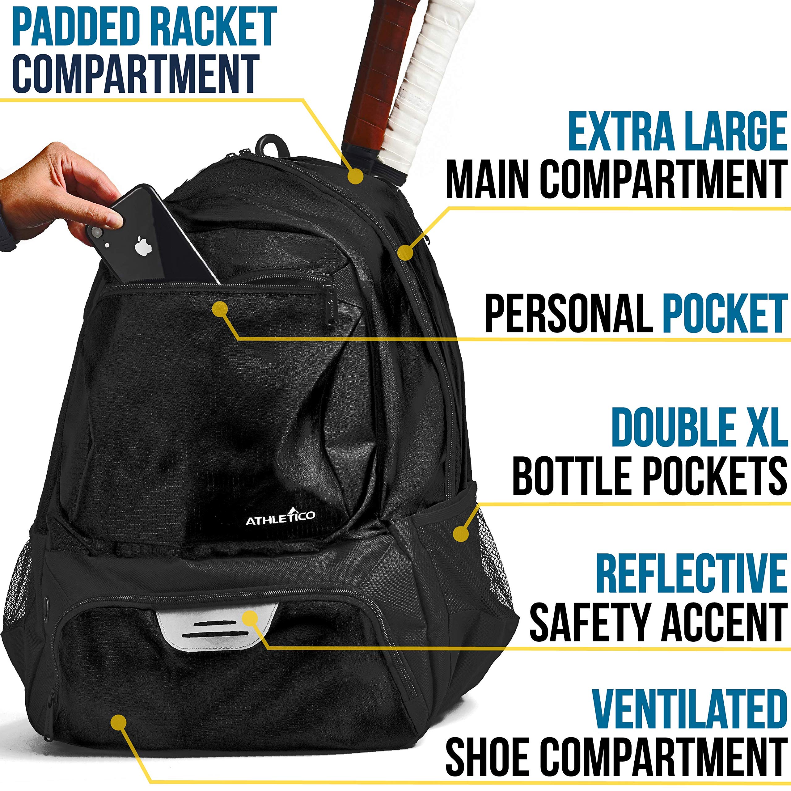 Athletico Premier Tennis Backpack - Tennis Bag Holds 2 Rackets in Padded Compartment | Separate Ventilated Shoe Compartment | Tennis Bags for Men or Women  - Good