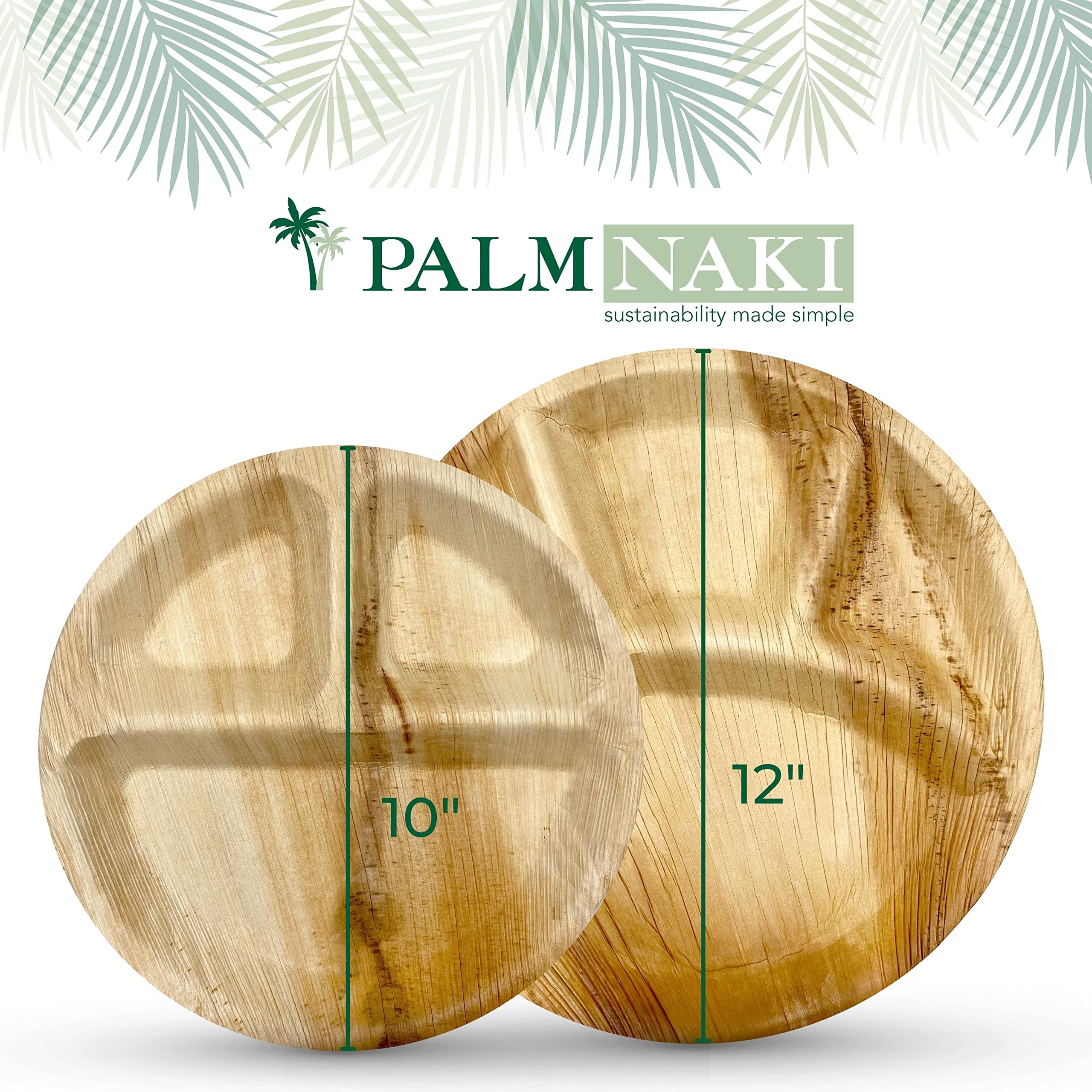 PALM NAKI Round Compartment Palm Leaf Plates (40 Count) - BPA Free Plates, Disposable Dinnerware, Compostable and Biodegradable 3 Compartment Plates, Eco Friendly Plates (10" Round Plates)  - Acceptable