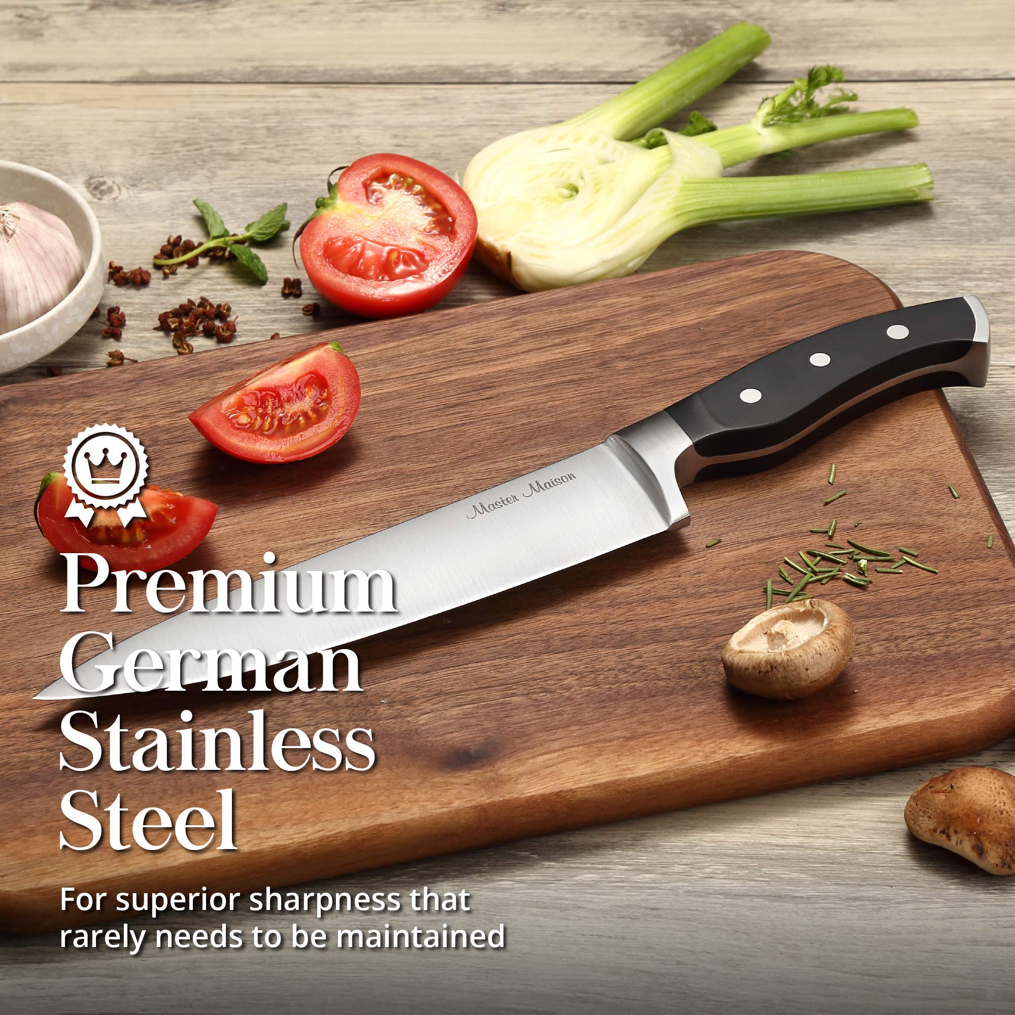 Premium Kitchen Knife Set With Wooden Block | Master Maison German Stainless Steel Cutlery With Knife Sharpener & 8 Steak Knives  - Very Good